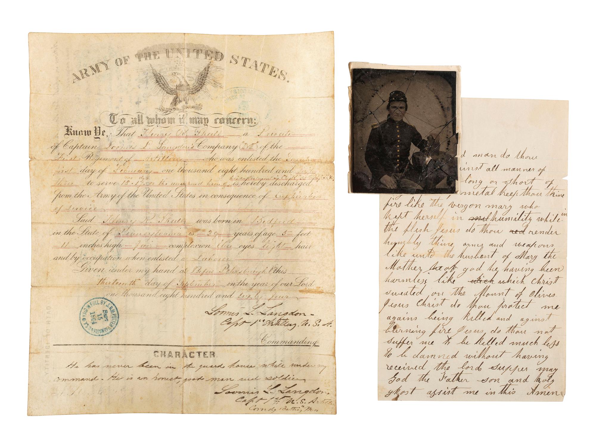 [CIVIL WAR]. Archive related to Henry R. Shull, 1st US Light Artillery, including ambrotype, Book of Psalms, and discharge document.