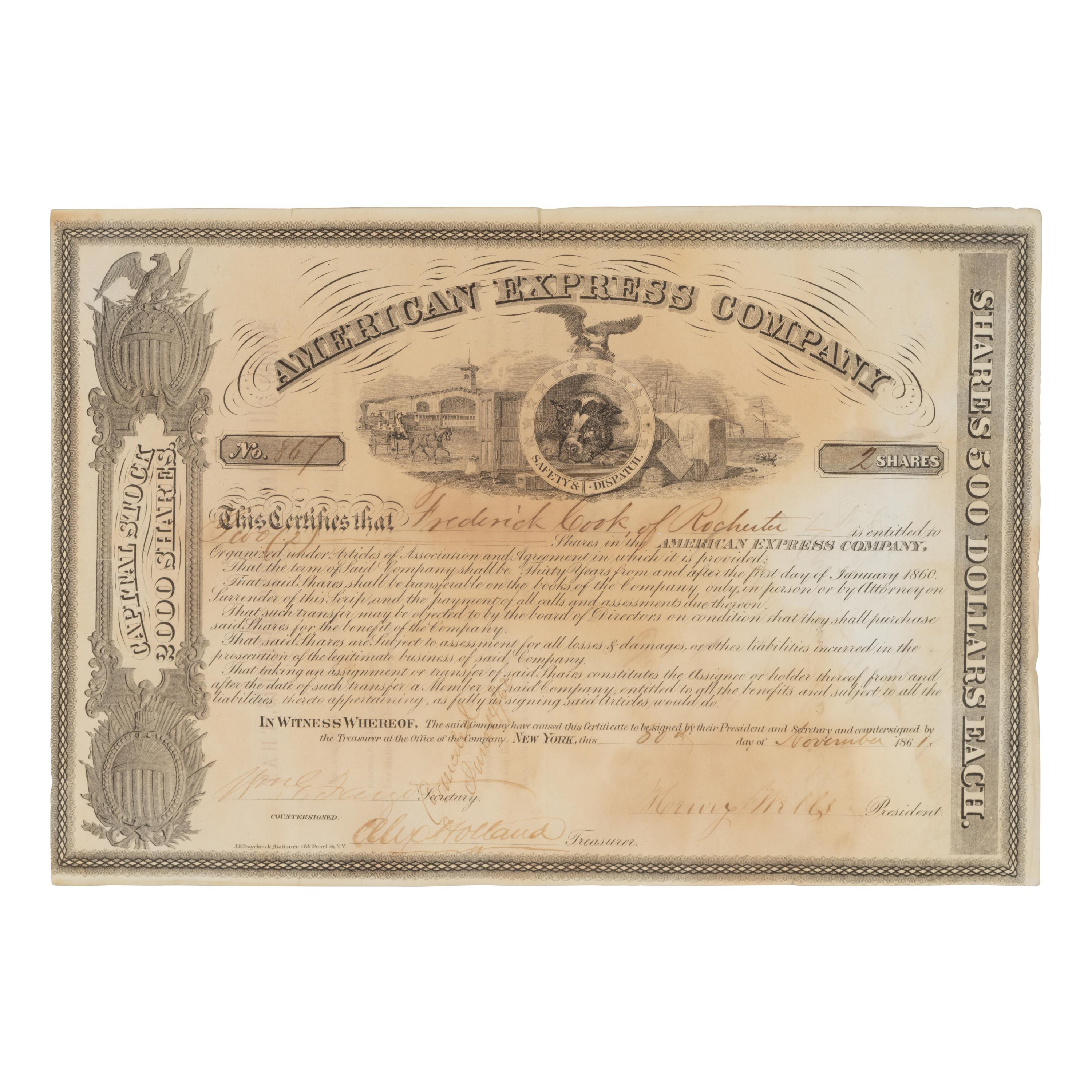 Wells, Henry (1805-1878) and William Fargo (1818-1881). Partly printed document signed ("Wm. Fargo") and ("Henry Wells"), New York, 30 November 1861.