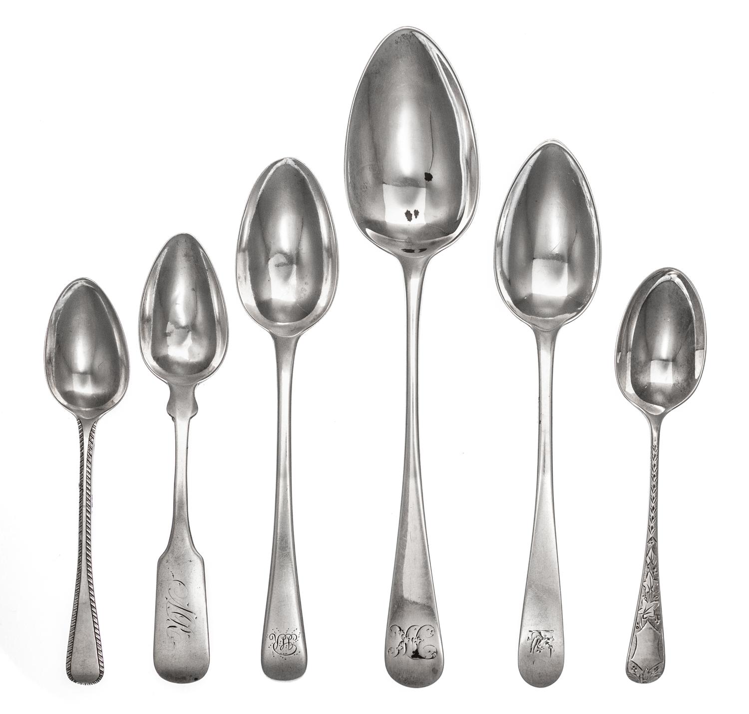 A Group of Six George III Silver Spoons, Various Makers, comprising an Old English form table spoon, Solomon Hougham, London, 1794; an