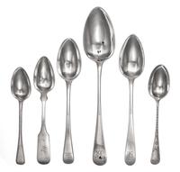 A Group of Six George III Silver Spoons, Various Makers, comprising an Old English form table spoon, Solomon Hougham, London, 1794; an