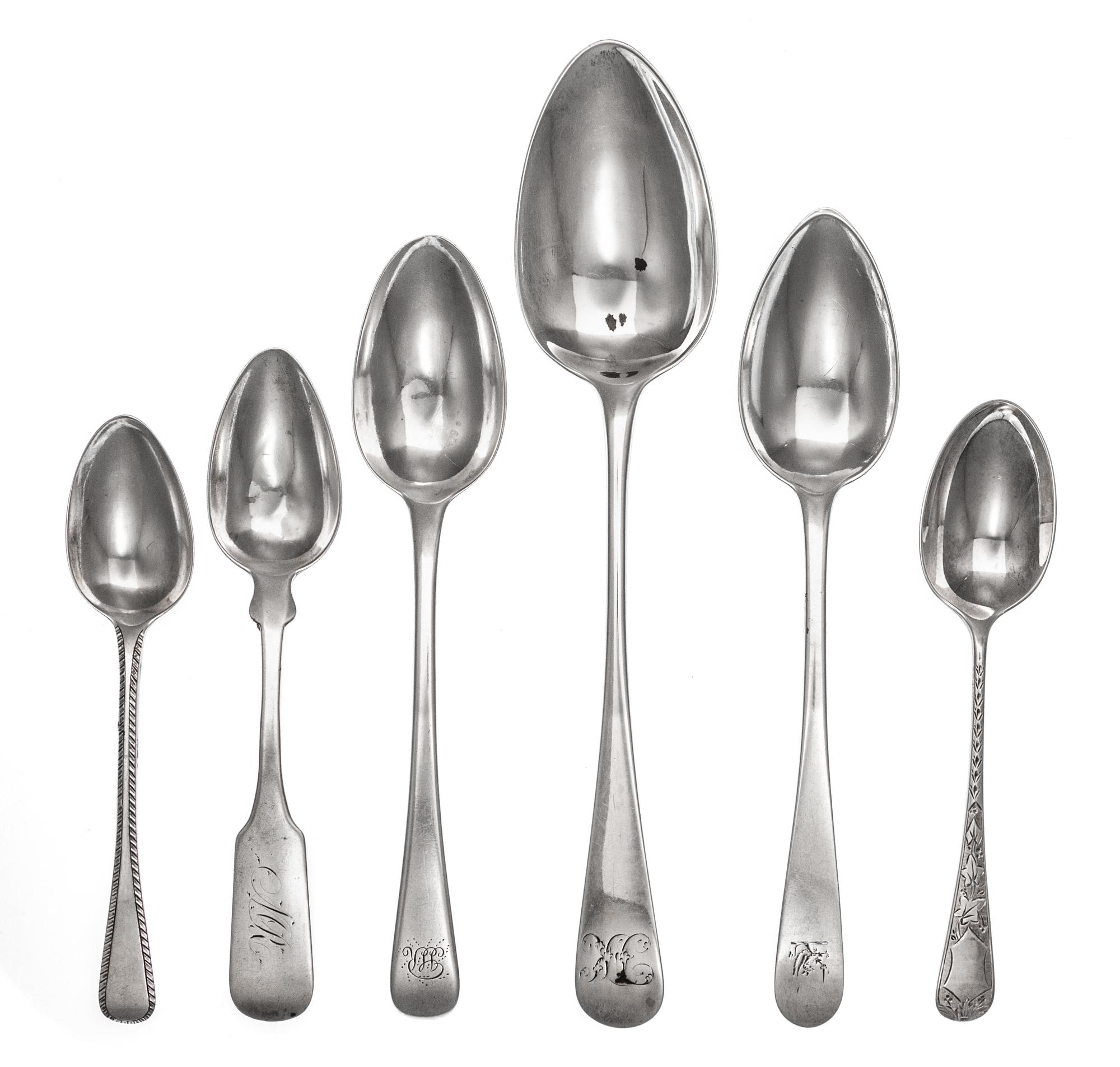 A Group of Six George III Silver Spoons, Various Makers, comprising an Old English form table spoon, Solomon Hougham, London, 1794; an