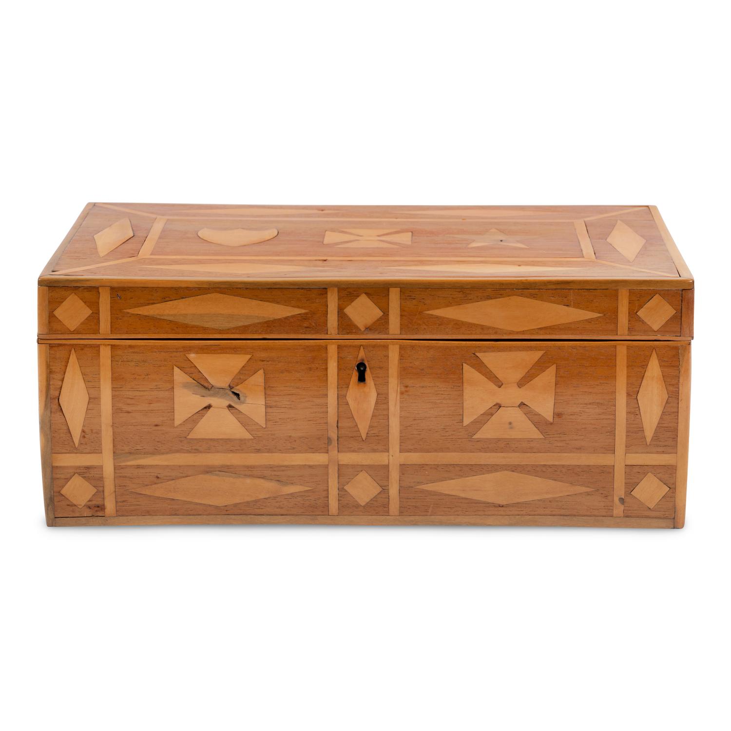 [LINCOLN CONSPIRATORS]. A marquetry box constructed by Lincoln conspirator Dr. Samuel Mudd while imprisoned at Fort Jefferson, ca 1867.