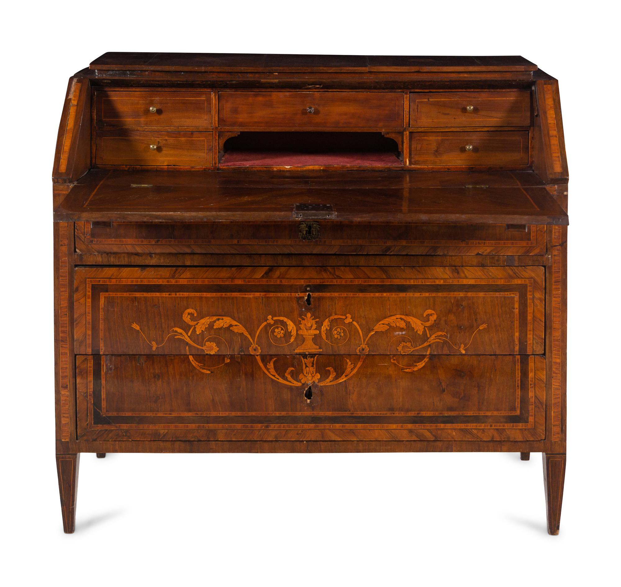 An Italian Walnut and Marquetry Slant-Front Bureau