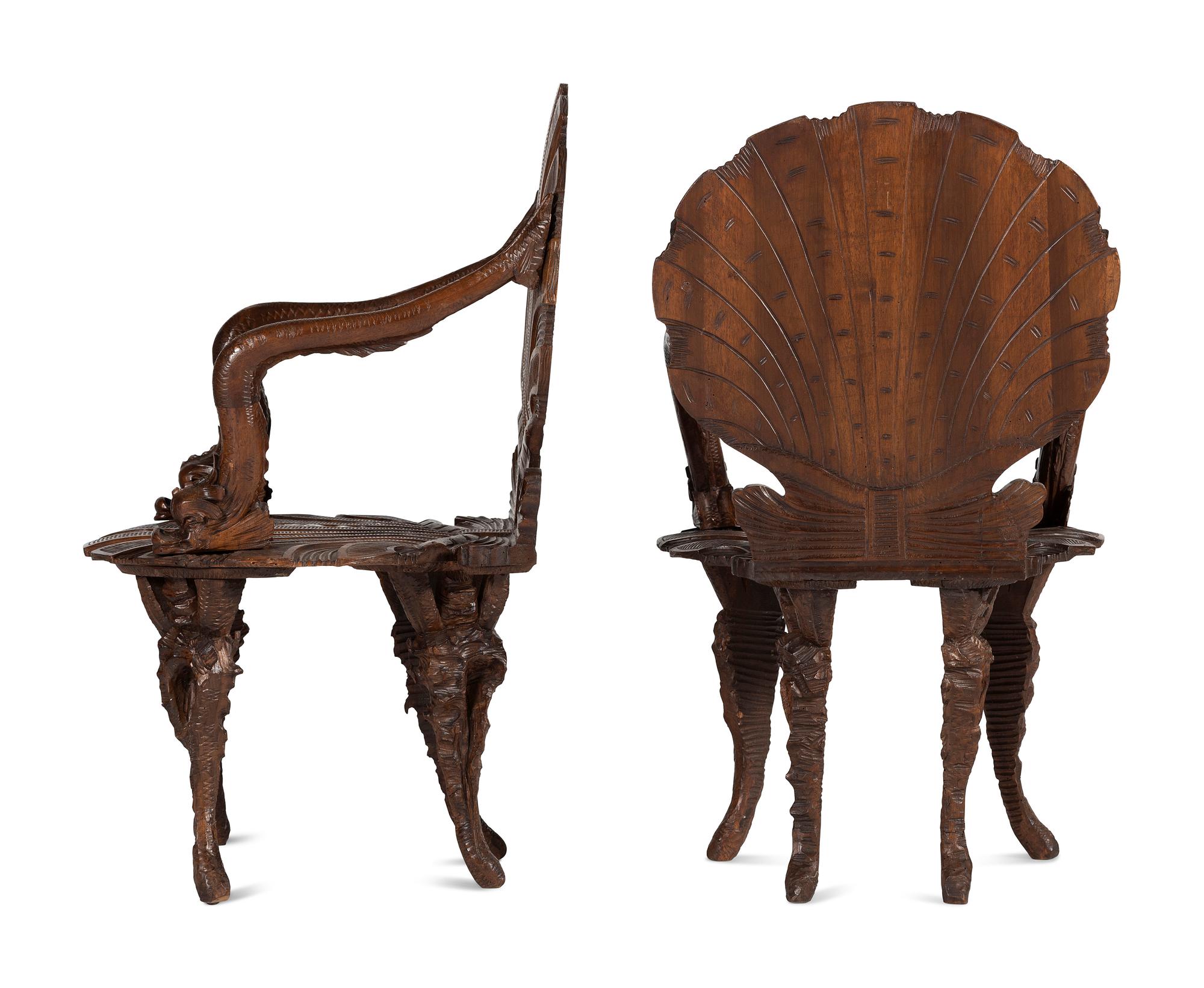A Pair of Venetian Shell-and-Dolphin Carved Walnut Grotto Armchairs