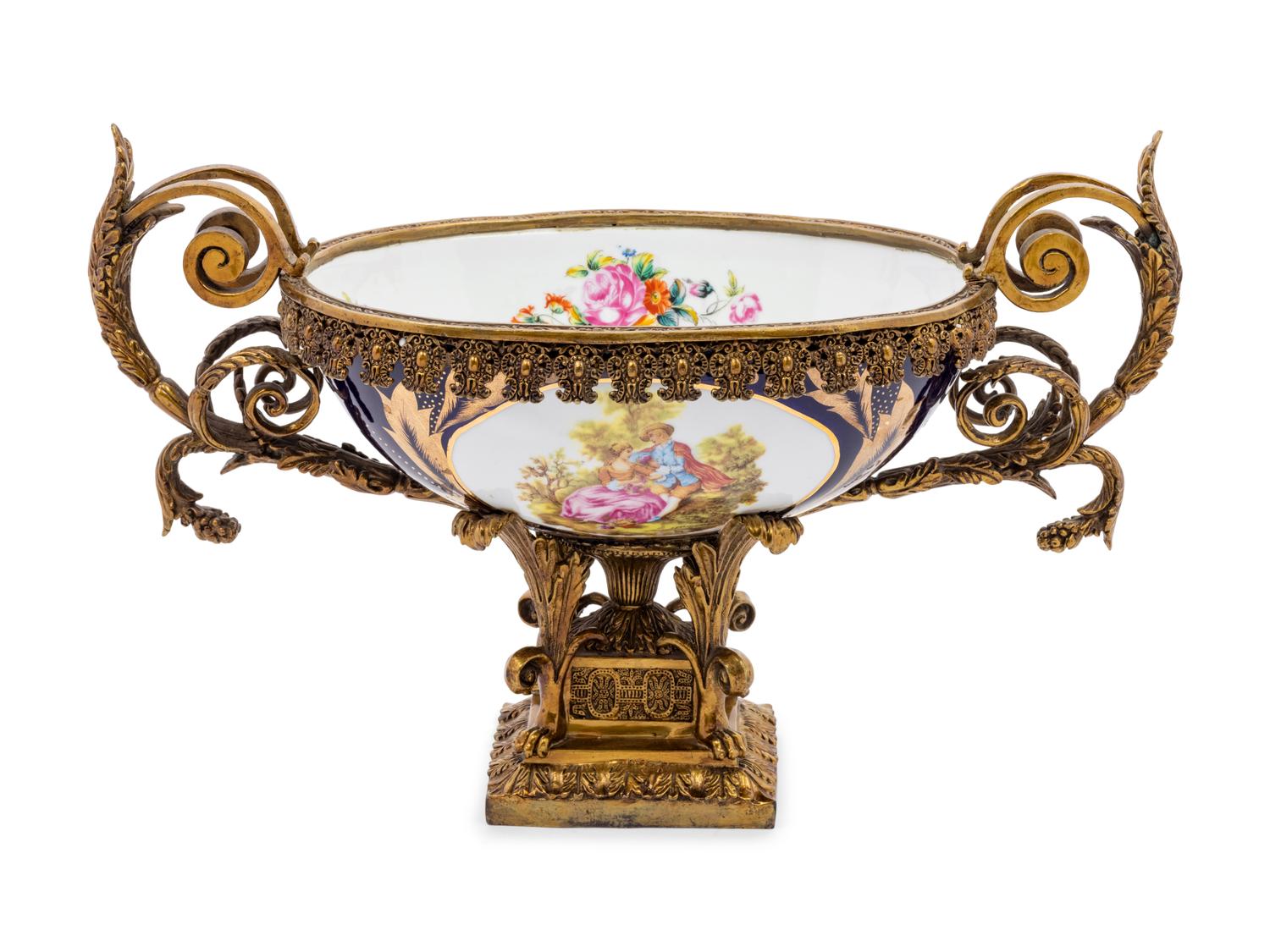 A Large Sèvres Style Gilt Metal Mounted Porcelain Centerpiece Bowl