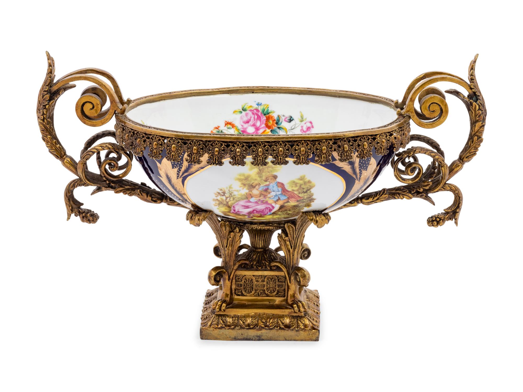 A Large Sèvres Style Gilt Metal Mounted Porcelain Centerpiece Bowl