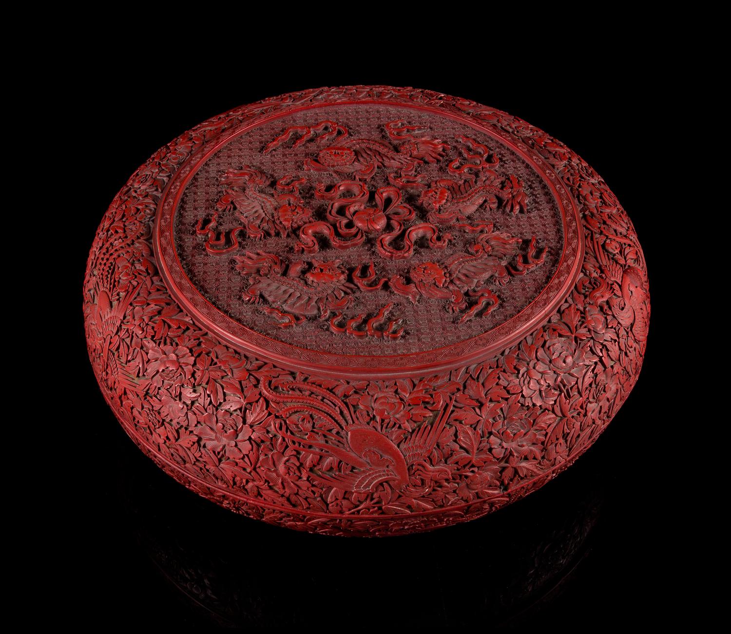 A Cinnabar Lacquer Circular Covered Box Diameter 15 1/8 inches.