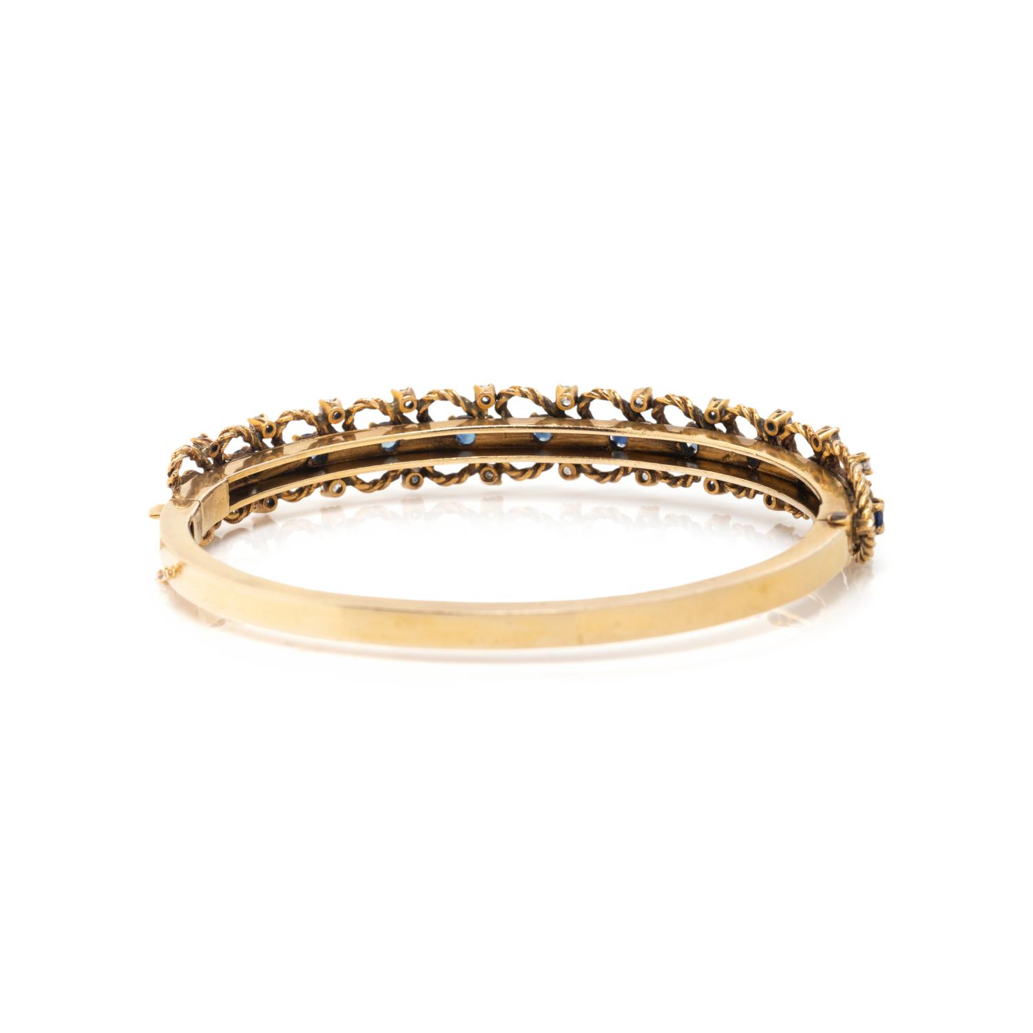 SAPPHIRE, DIAMOND, AND YELLOW GOLD BANGLE BRACELET