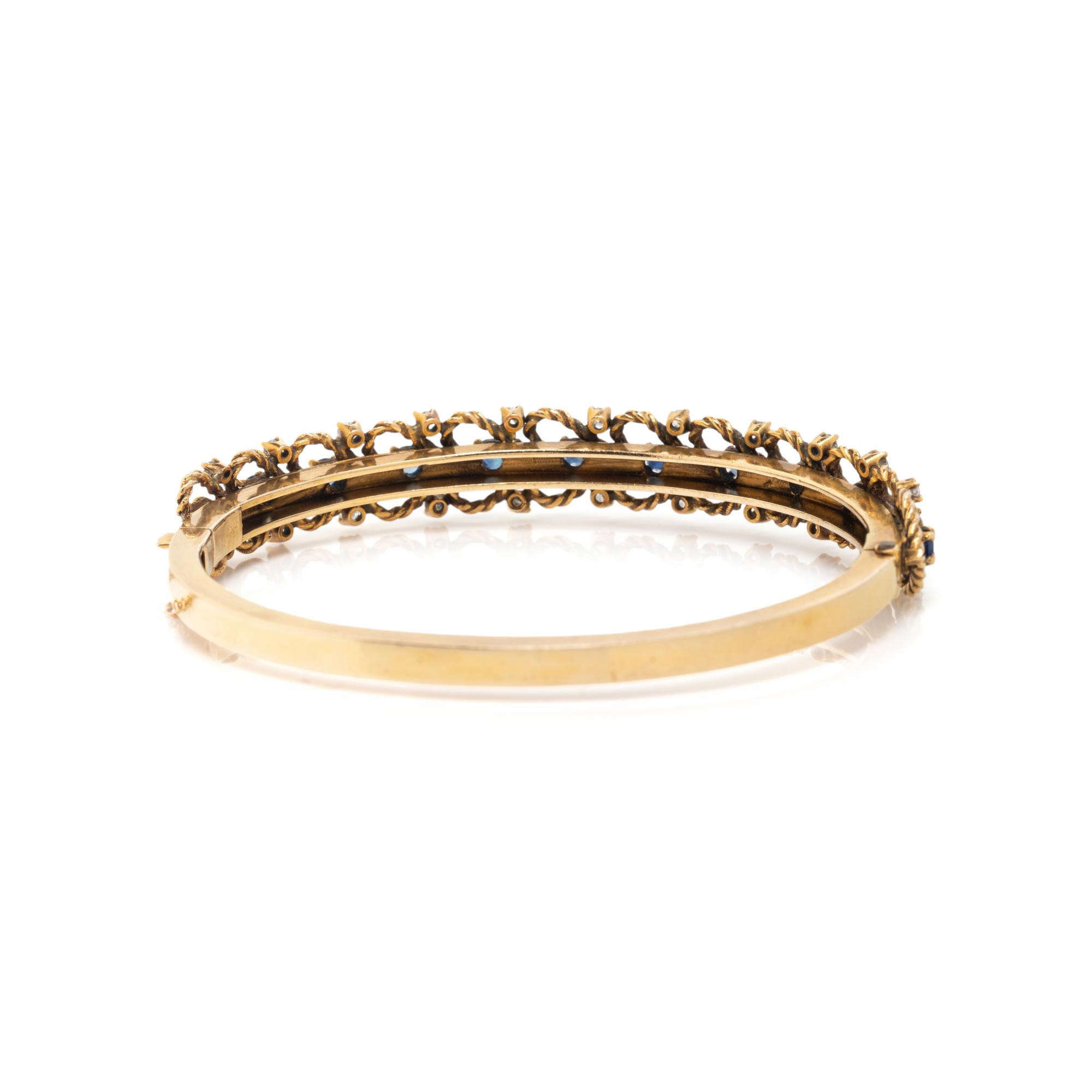 SAPPHIRE, DIAMOND, AND YELLOW GOLD BANGLE BRACELET