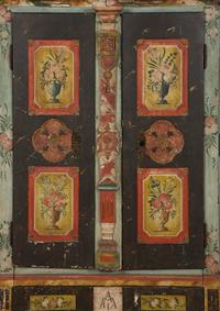 A Continental Carved, Painted and Parcel Gilt Pine Schrank
