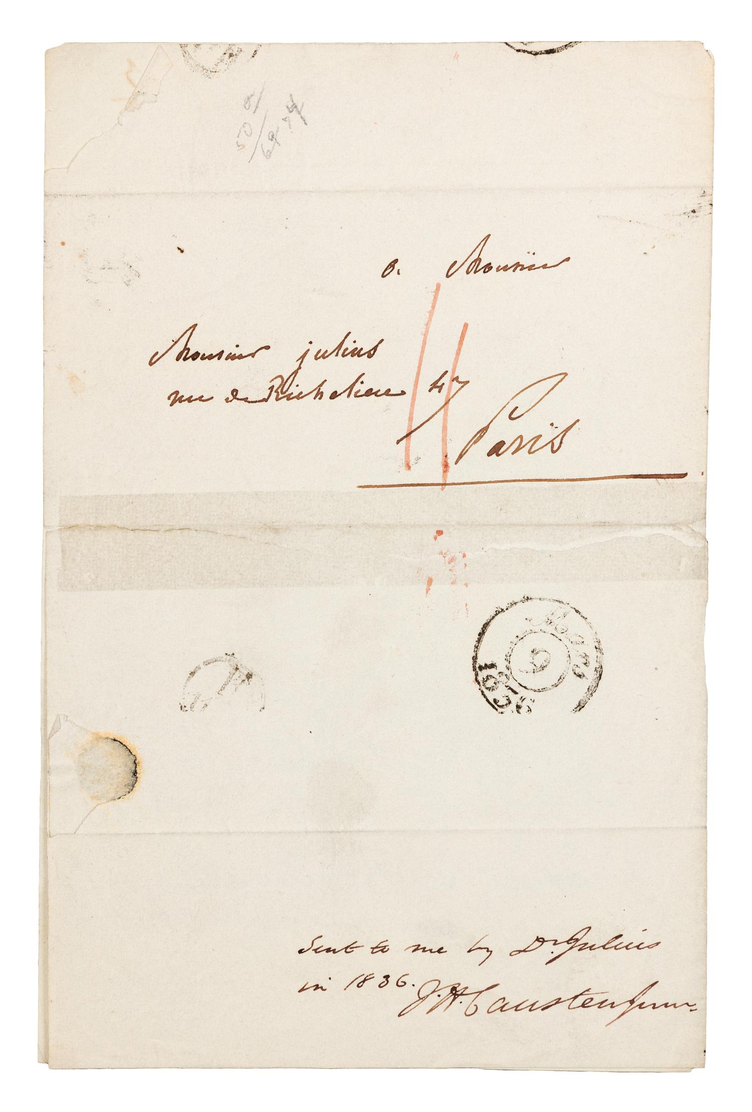 TOCQUEVILLE, Alexis de (1805-1809). Autograph letter signed ("Alexis de Tocqueville"), in French, to Mr. Julius. 8 May 1836.