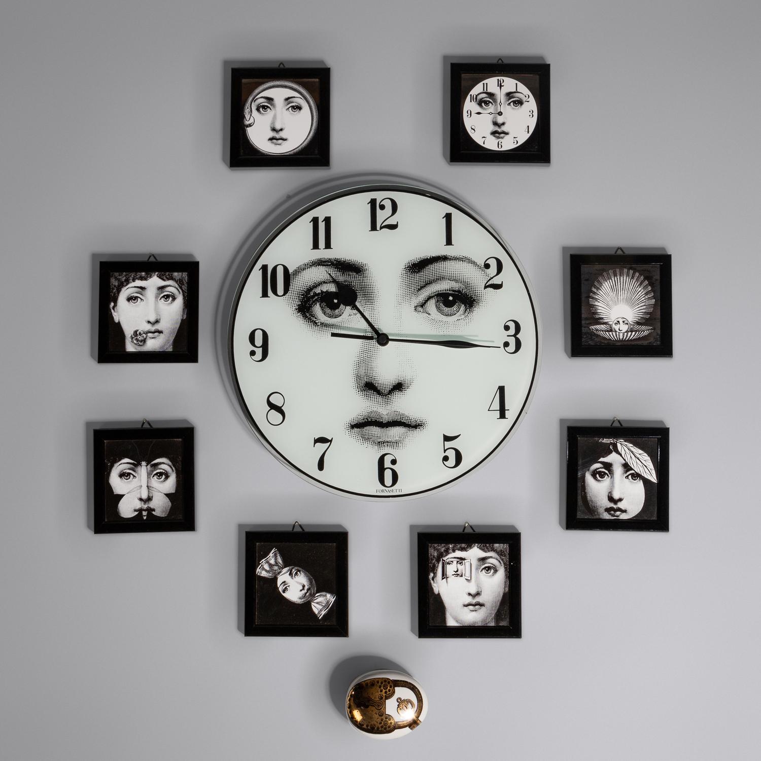 Group of Eight Framed Images, Julia Series Wall Clock, and Ceramic Padlock and Key Paperweight Fornasetti, Italy