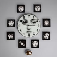 Group of Eight Framed Images, Julia Series Wall Clock, and Ceramic Padlock and Key Paperweight Fornasetti, Italy
