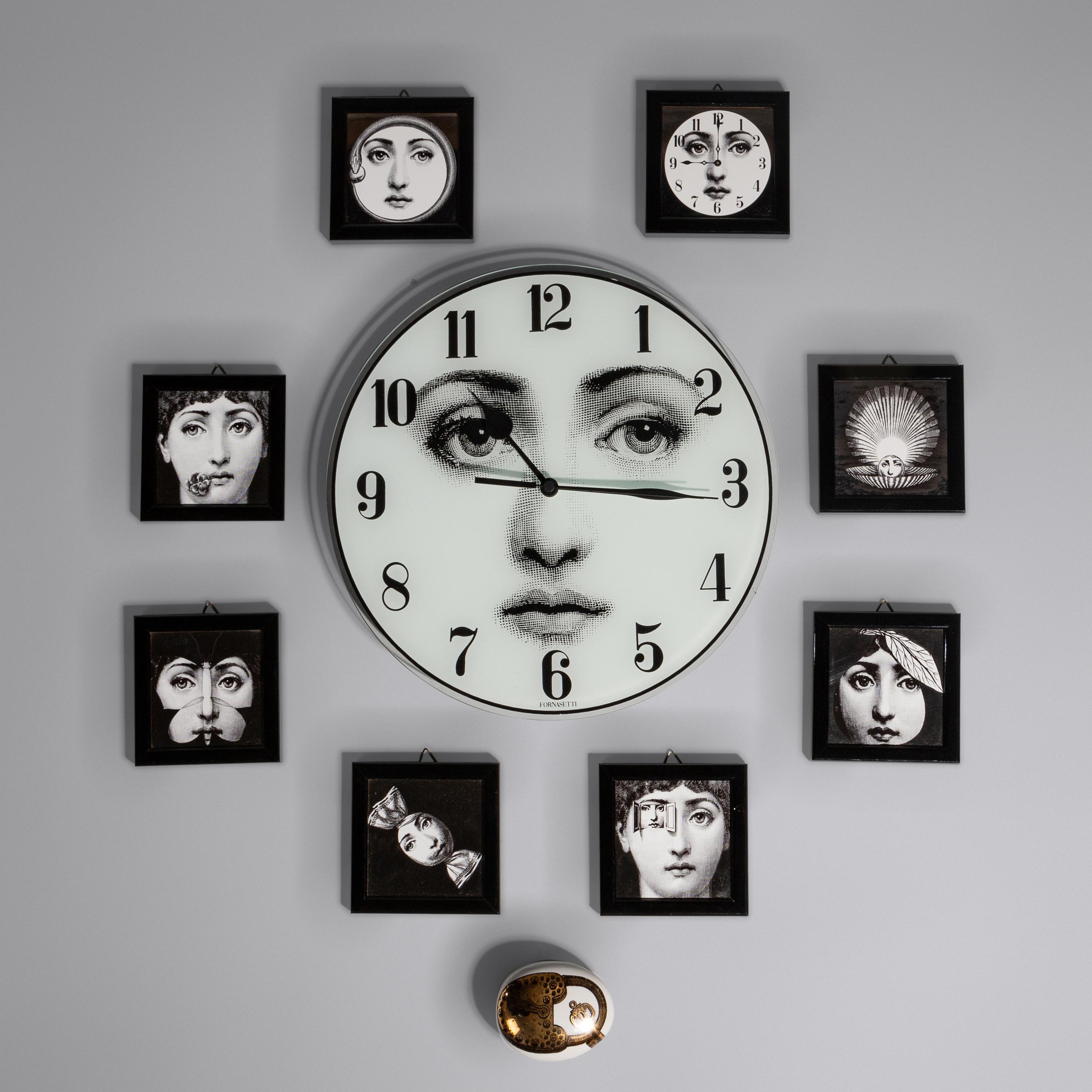 Group of Eight Framed Images, Julia Series Wall Clock, and Ceramic Padlock and Key Paperweight Fornasetti, Italy