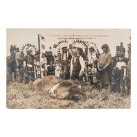 [NATIVE AMERICANS]. Geronimo Carving Buffalo Meat for His Indians. Kansas City, Missouri: Martin Post Card Co., [ca 1907-1911].