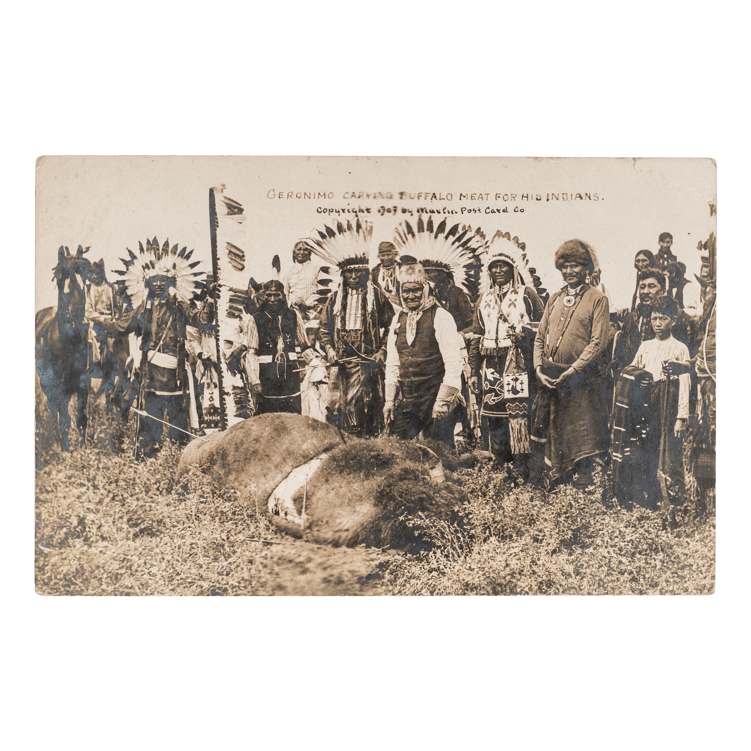 [NATIVE AMERICANS]. Geronimo Carving Buffalo Meat for His Indians. Kansas City, Missouri: Martin Post Card Co., [ca 1907-1911].