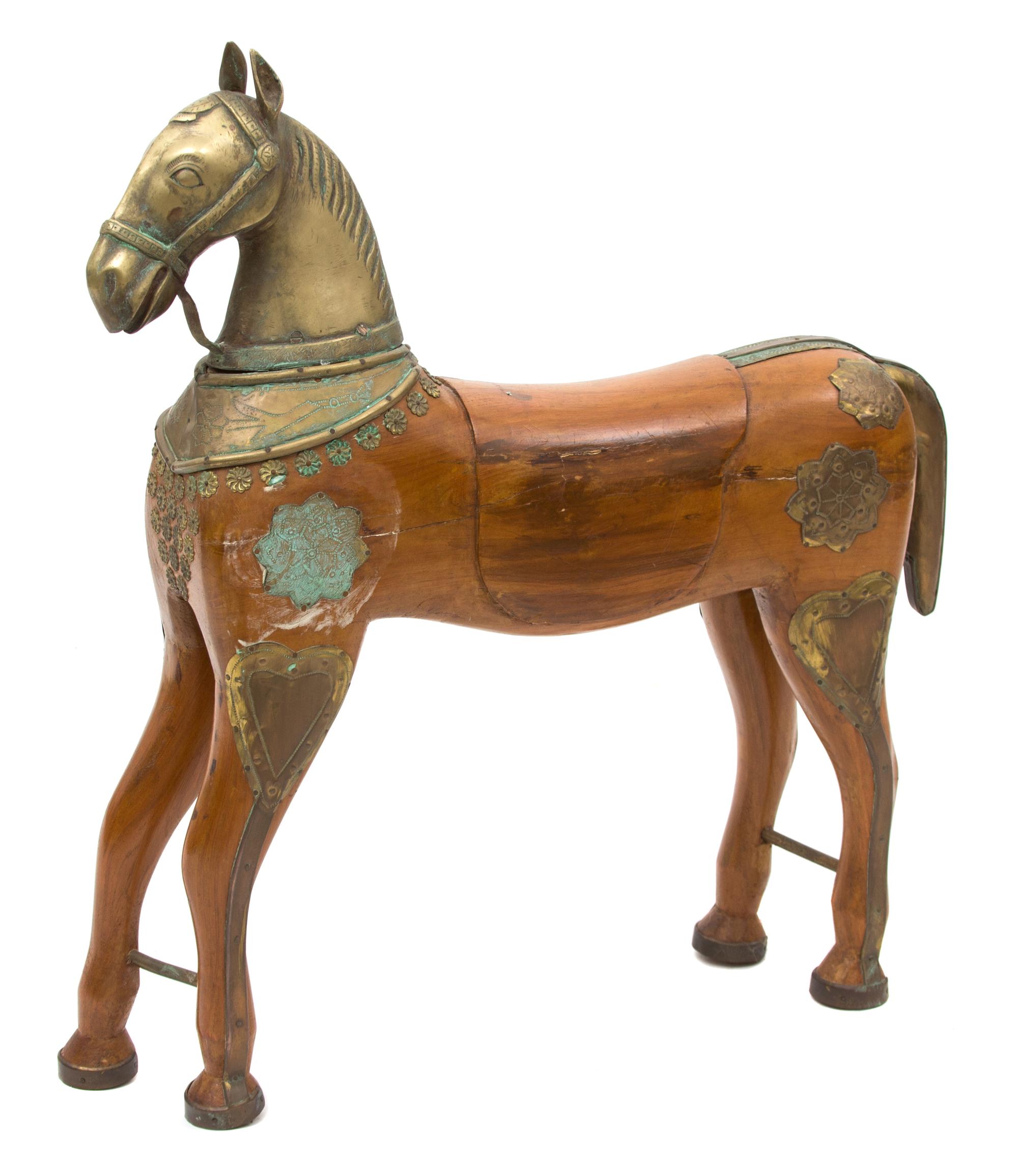 A Brass Mounted Carved Wood Model of a Horse Height 26 inches. — 20TH CENTURY