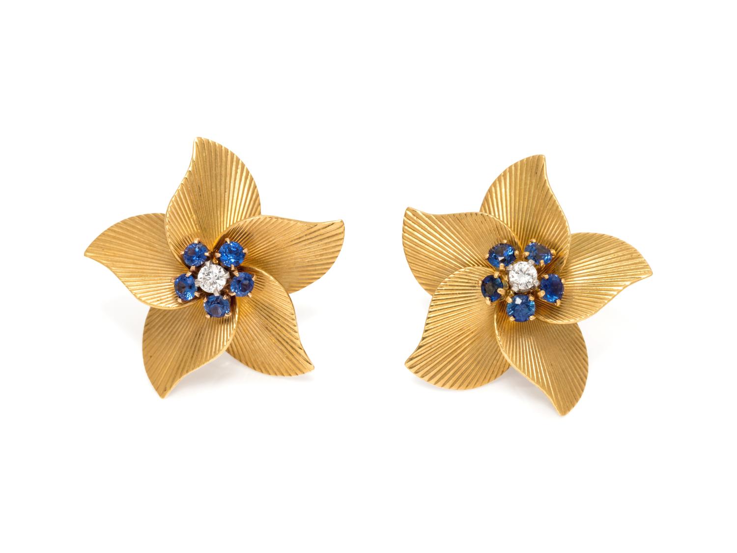 A Pair of 14 Karat Yellow Gold, Diamond and Sapphire Earrings,