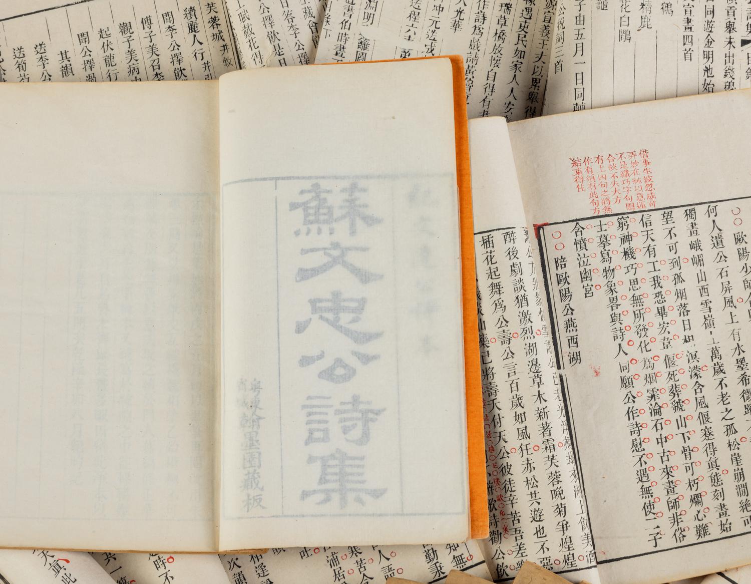 [SU SHI] Su Wen Zhong Gong Shi Ji. 24 volumes, 50 juan 紀曉嵐評點《蘇文忠公詩集》五十卷二十四冊全，粵東省城翰墨園藏板，朱墨套印本
