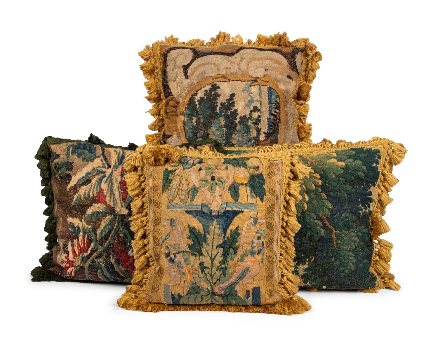 A Group of Four Flemish Tapestry Throw Pillows