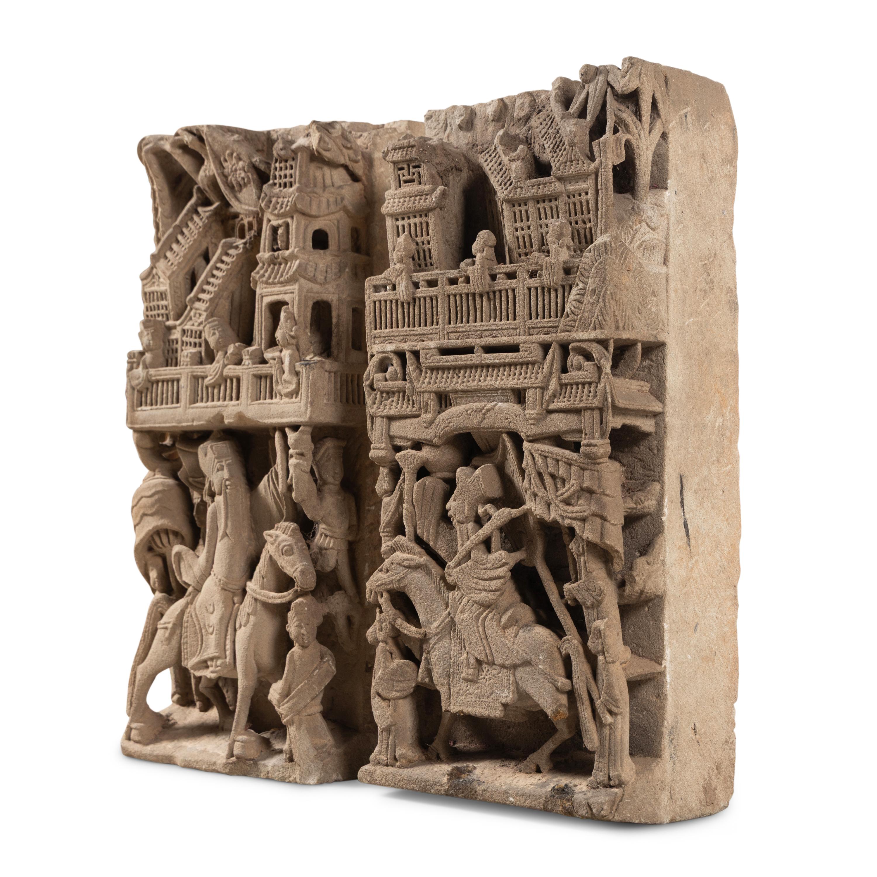 A Pair of Chinese Carved Stone Panels, 18th-19th Century — 清中期 亭台人物圖石雕一對