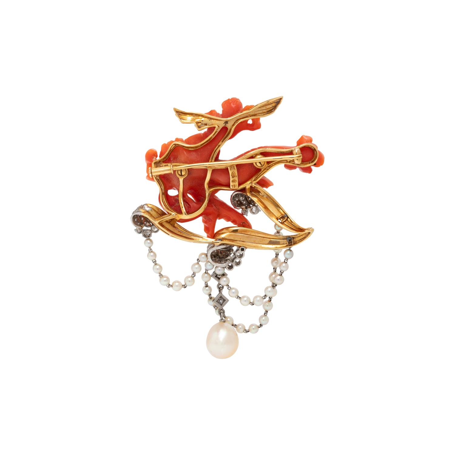 CORAL, DIAMOND AND CULTURED PEARL BROOCH
