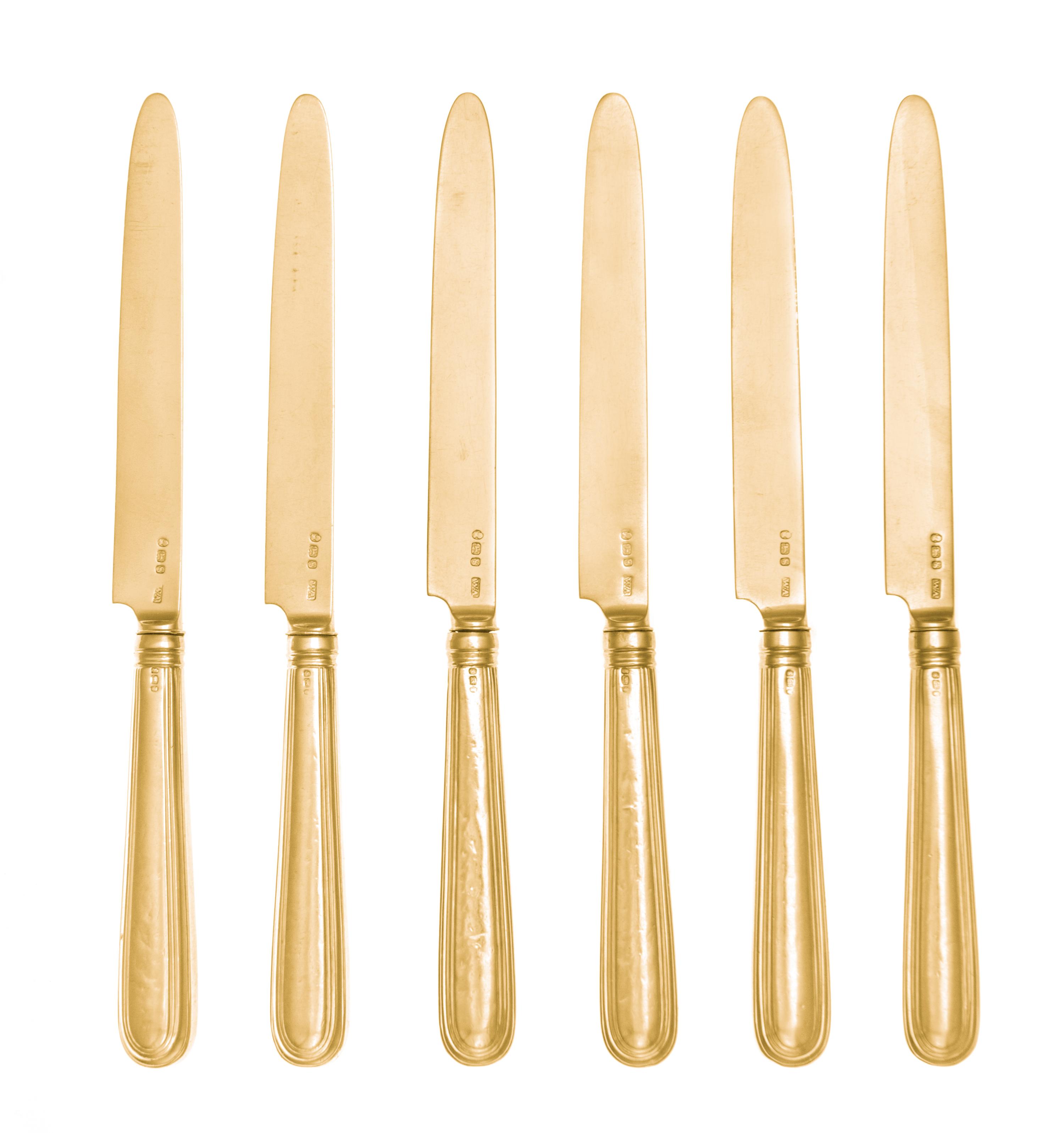 A Set of Twelve George III Silver-Gilt Dessert Knives, William Abdy, London, 1793, each having thread decorated handles bearing an engr
