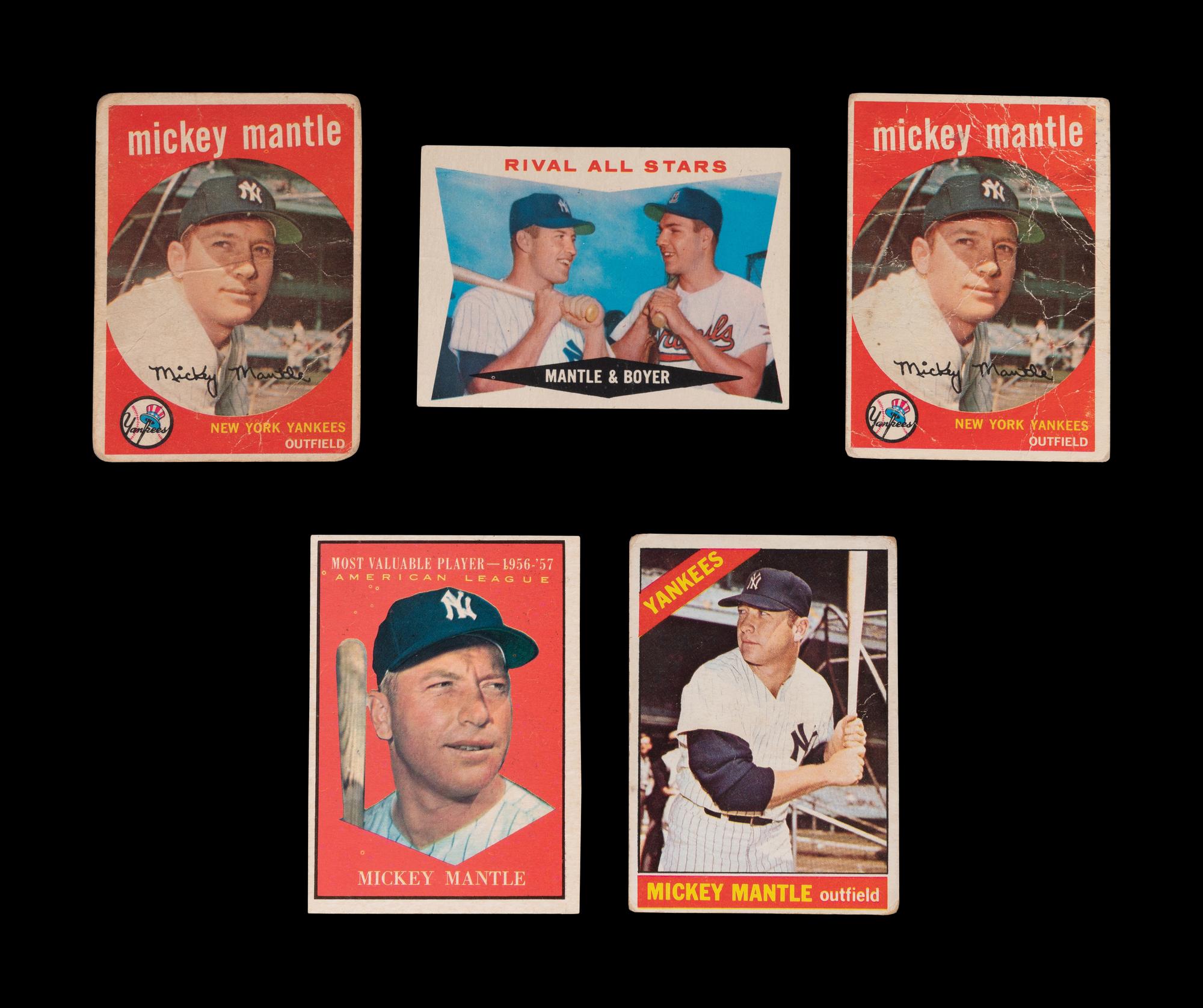 A Group of Five 1950s-60s Mickey Mantle Topps Baseball Cards,