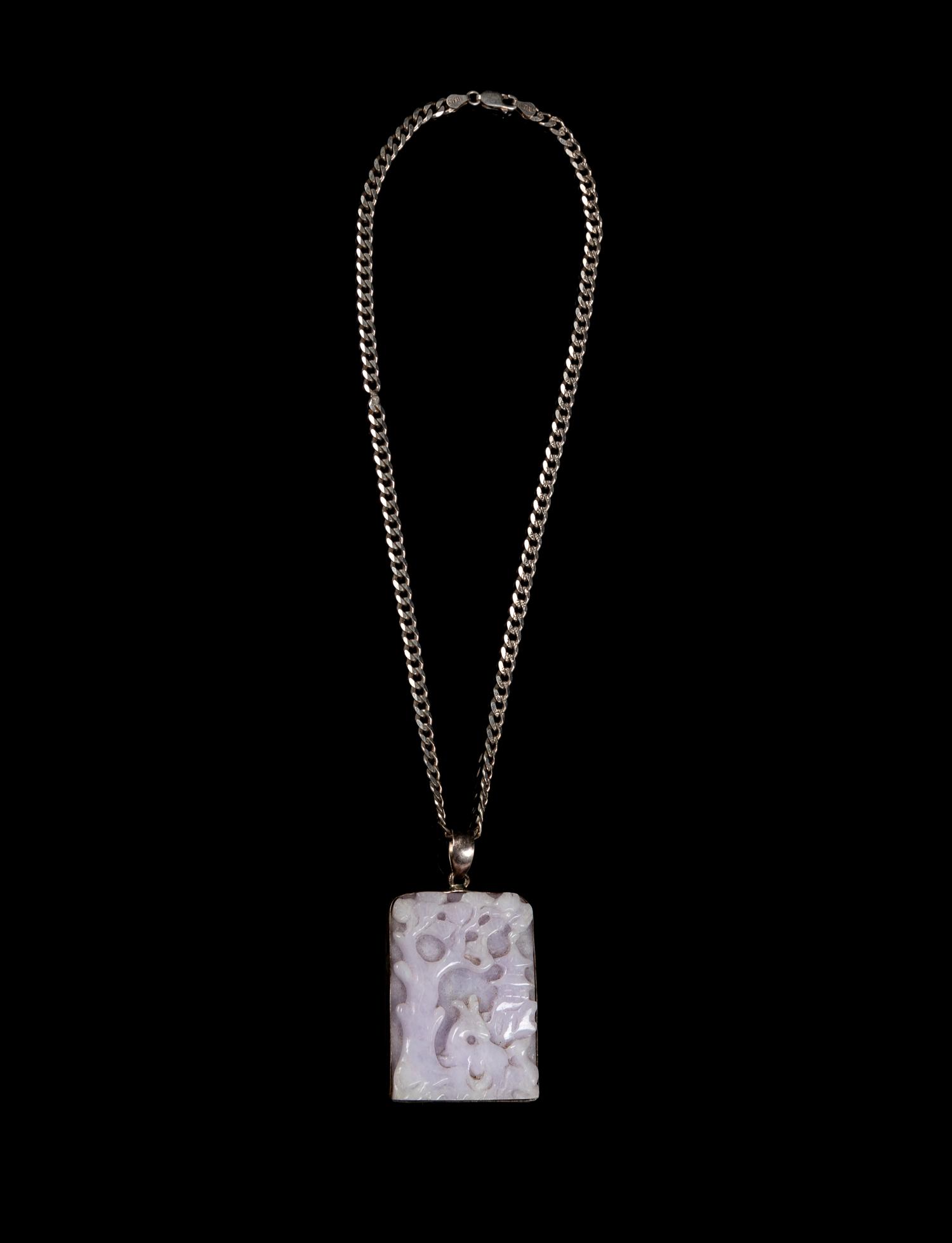 A Chinese Lavender Jadeite and Silver Necklace