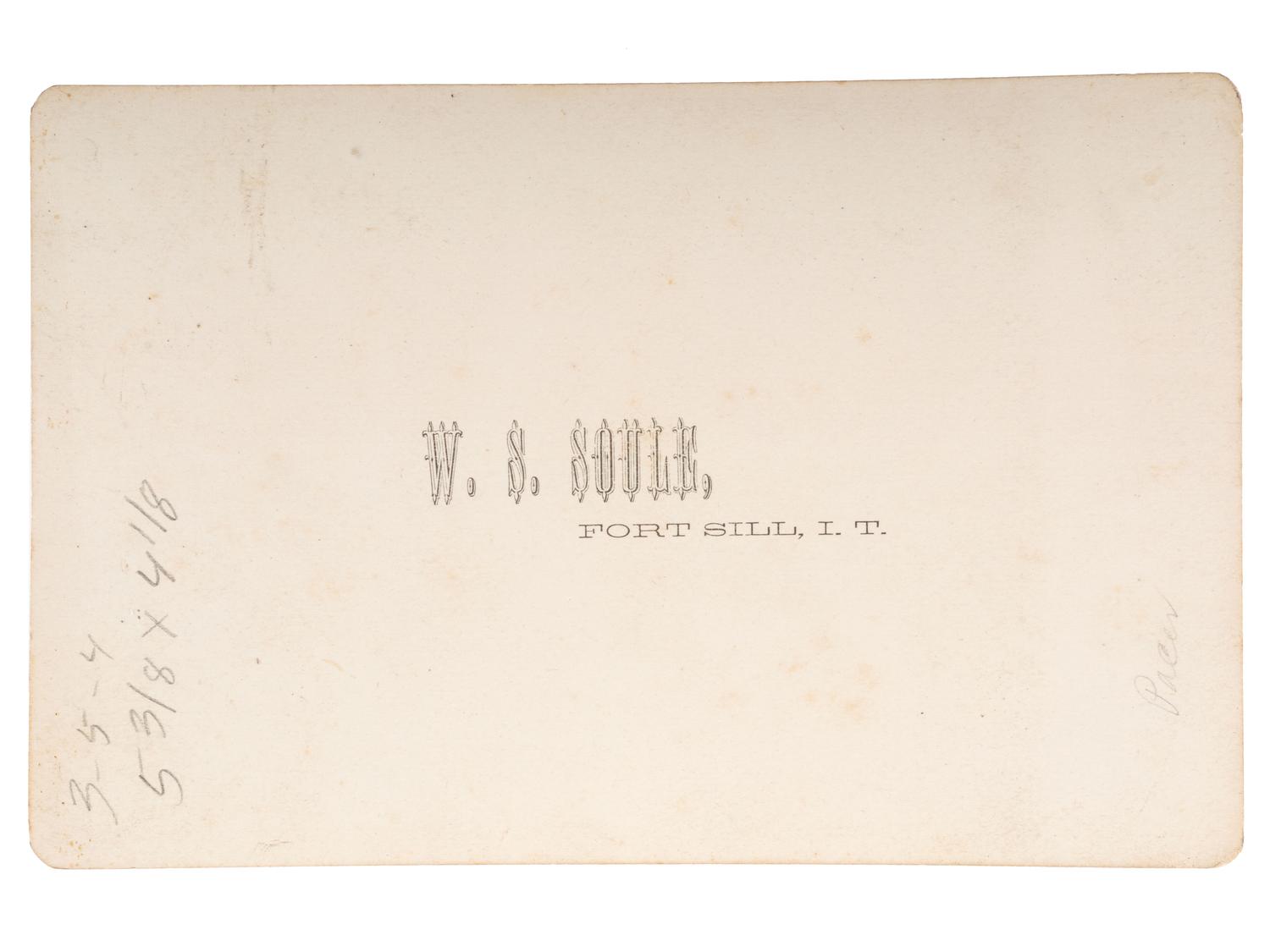 [NATIVE AMERICANS]. SOULE, William S. (1836-1908), photographer. A group of 2 cabinet cards, incl. early portrait of Big Tree. Fort Sill, Indian Territory: ca 1867-1870s.