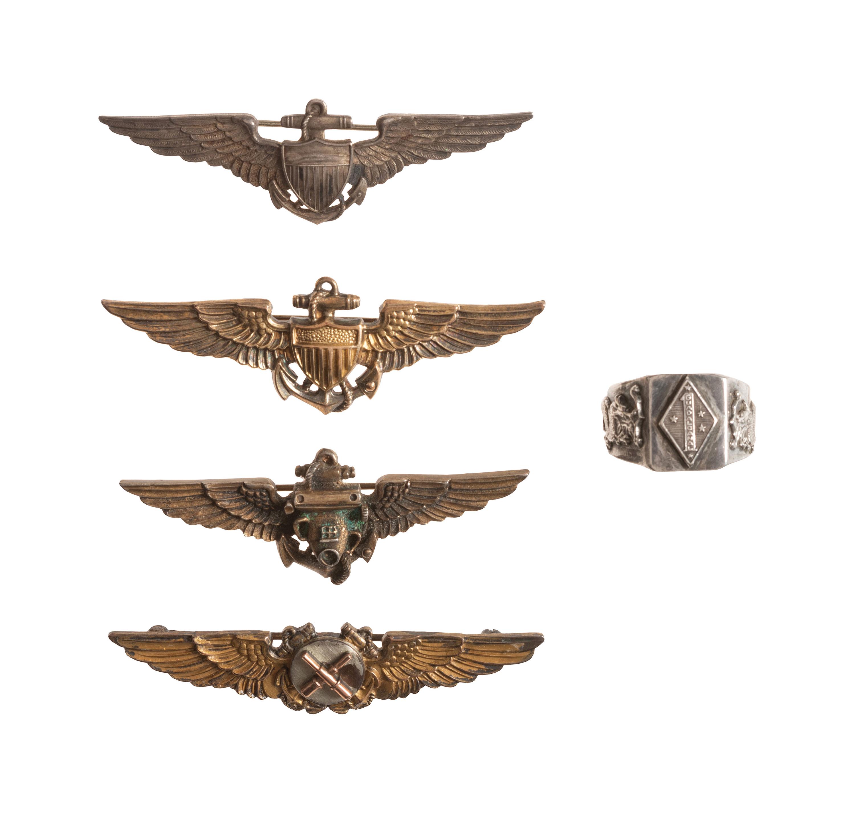 [WORLD WAR II]. A group of 5 items, incl. naval pilots' wings and dragon ring.