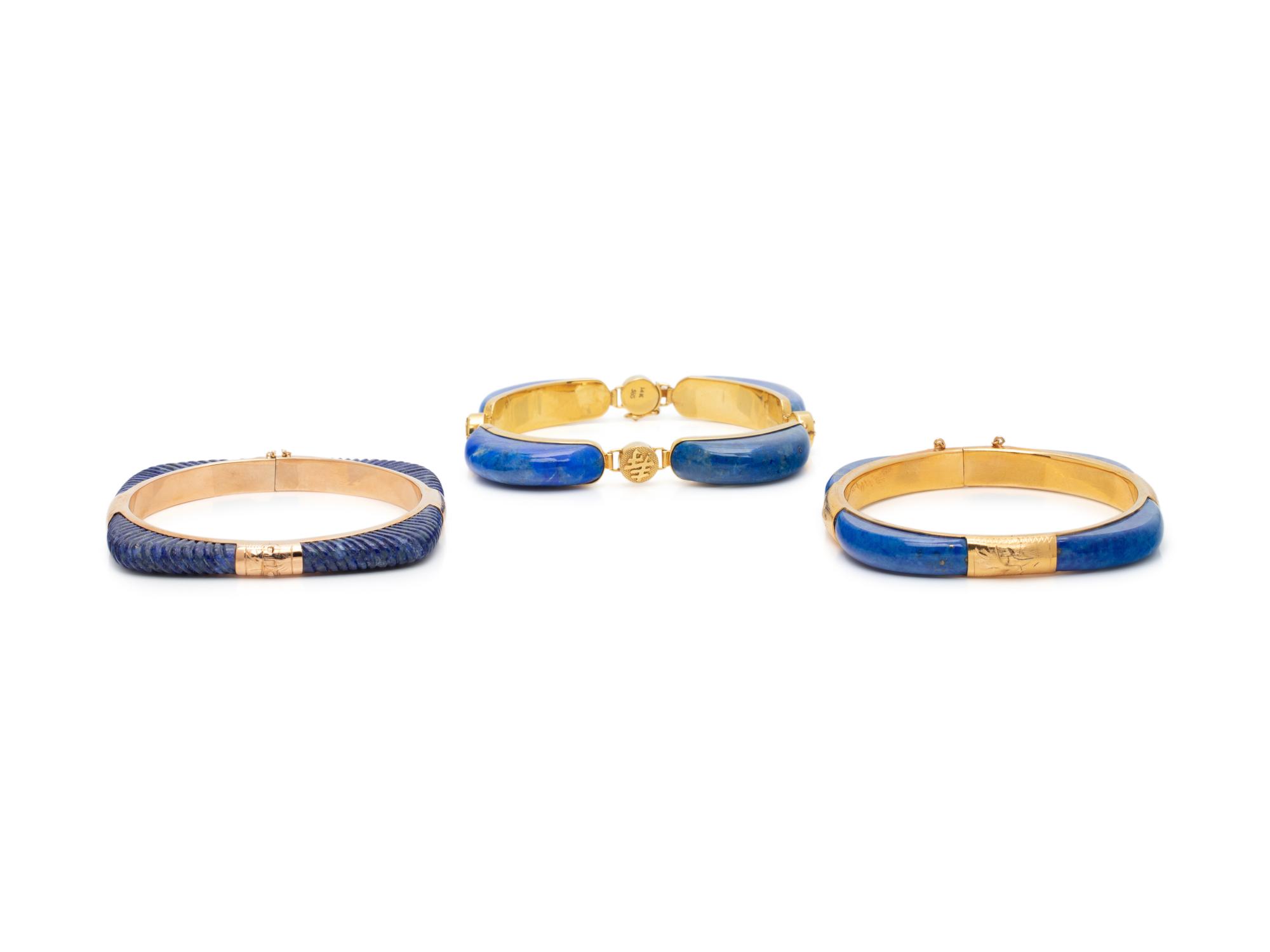 COLLECTION OF YELLOW GOLD AND LAPIS LAZULI BRACELETS