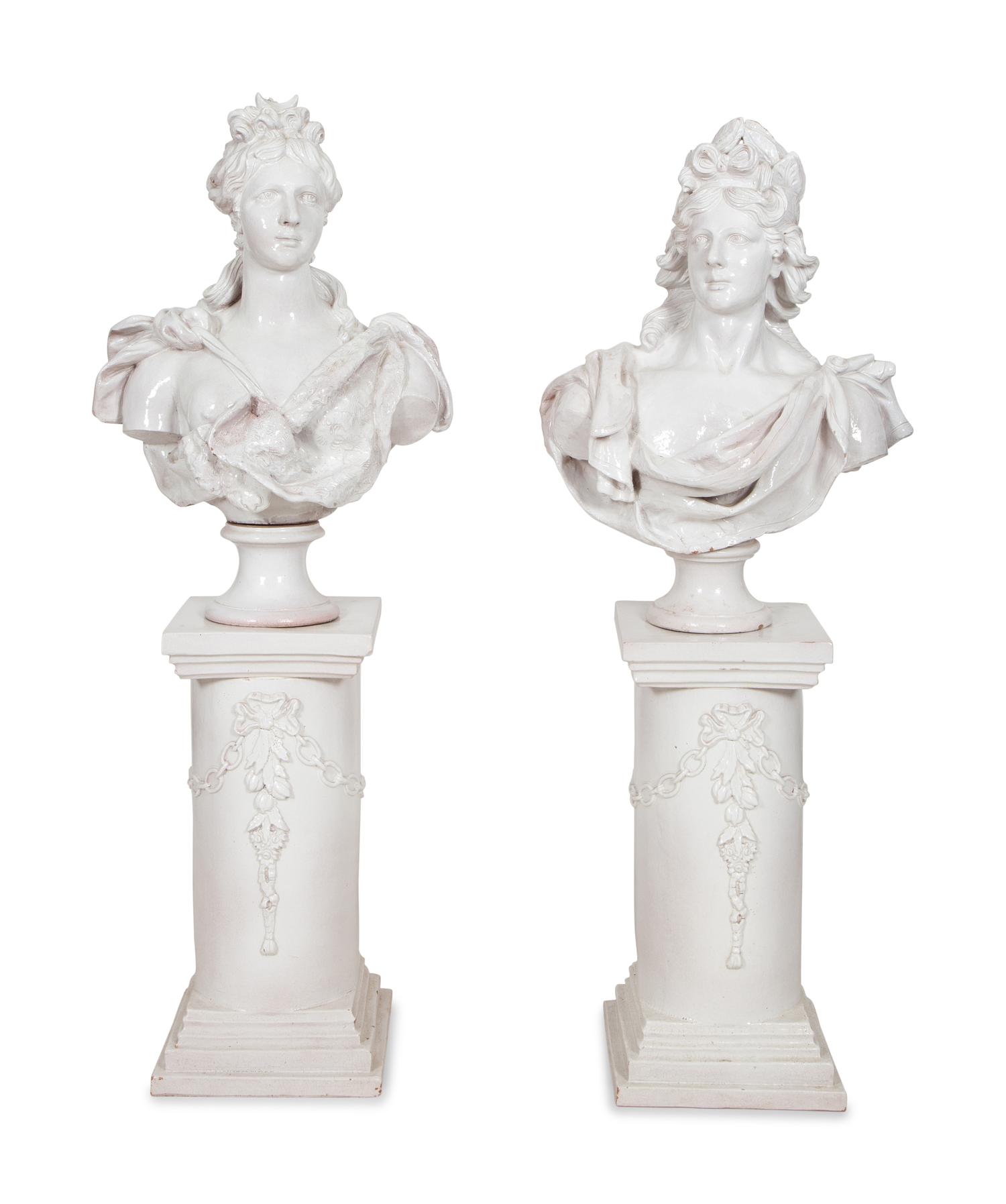 A Pair of Italian Glazed Terracotta Portrait Busts on Neoclassical Style Pedestals