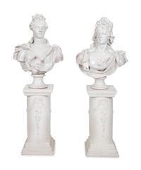 A Pair of Italian Glazed Terracotta Portrait Busts on Neoclassical Style Pedestals
