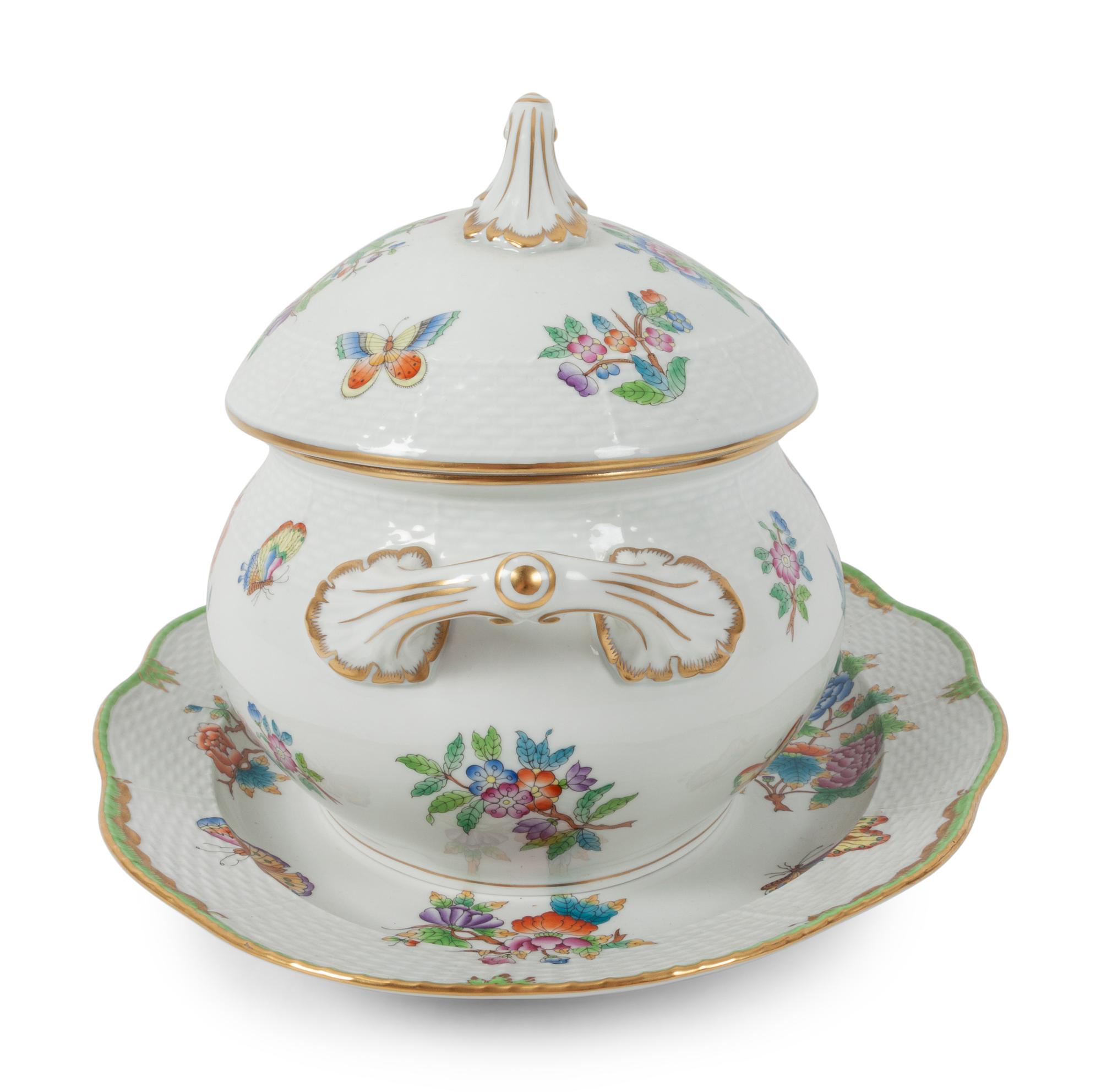 A Herend Porcelain Grouping, Including a Soup Tureen and Undertray and Two Candlesticks