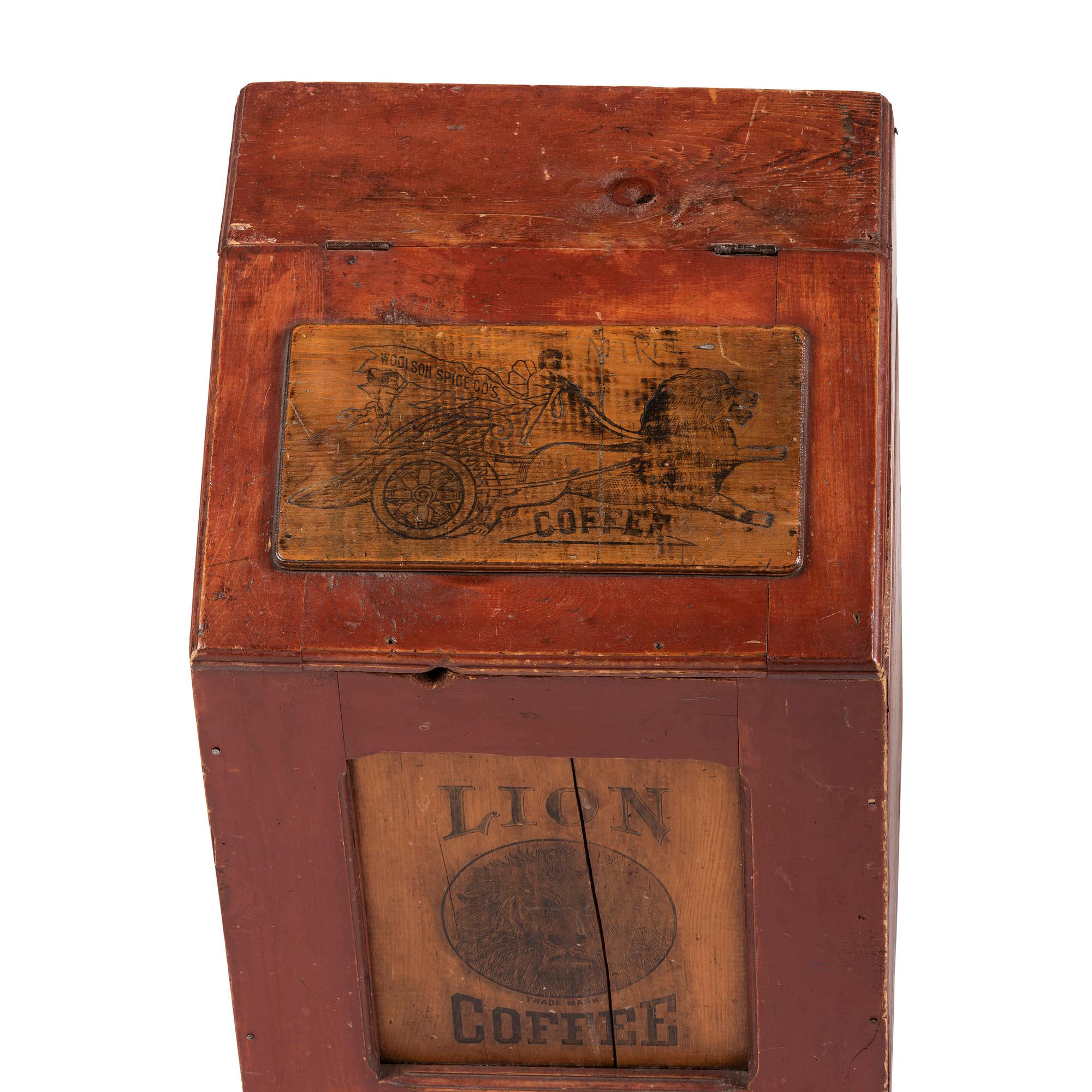 A Lion Coffee Painted Store Bin