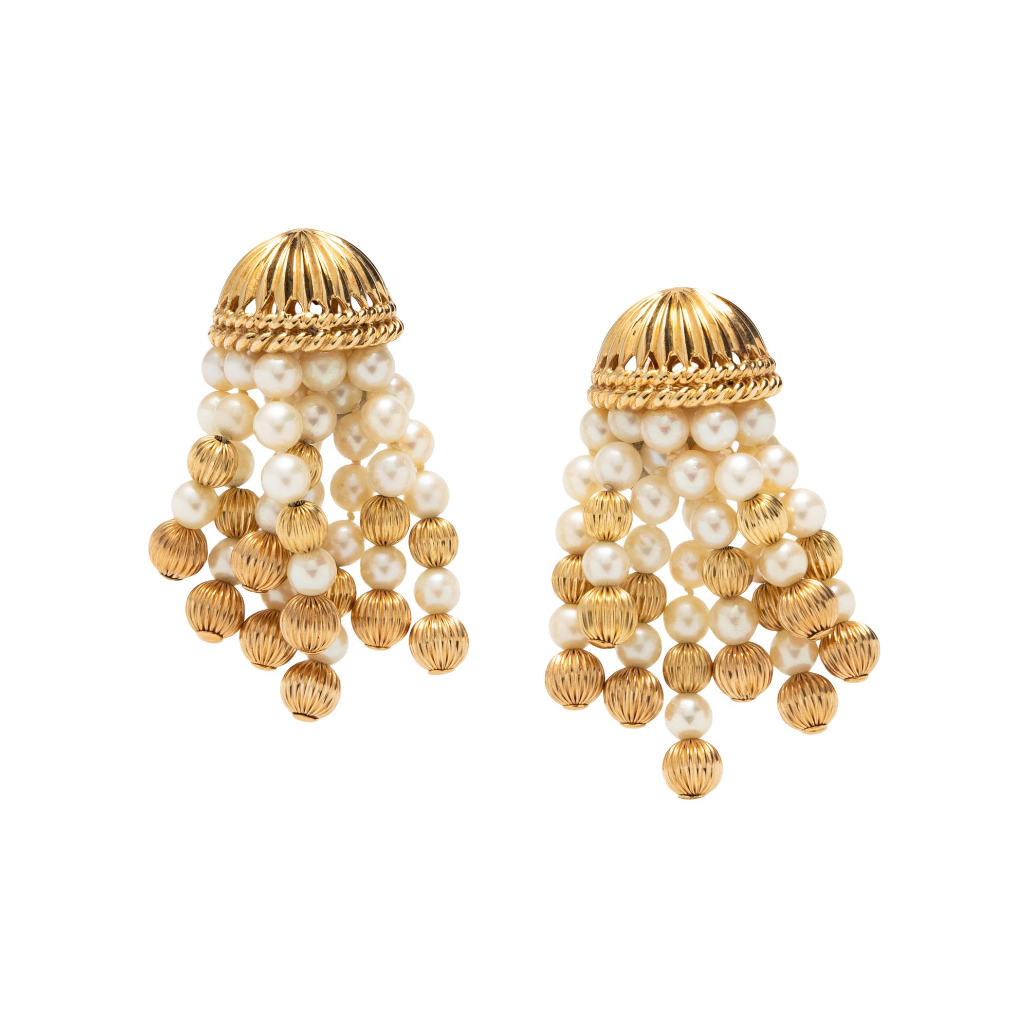 CULTURED PEARL AND YELLOW GOLD TASSEL EARRINGS