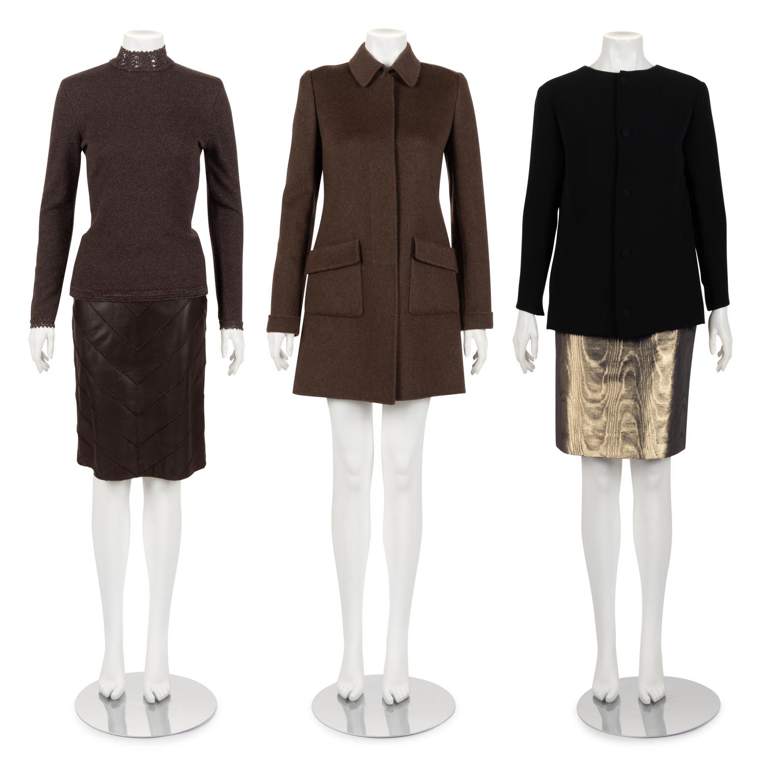 Three Designer Ensembles: One Oscar de la Renta Three Piece Ensemble, One Yves Saint Laurent Skirt, One Givenchy Jacket, 1980-90s