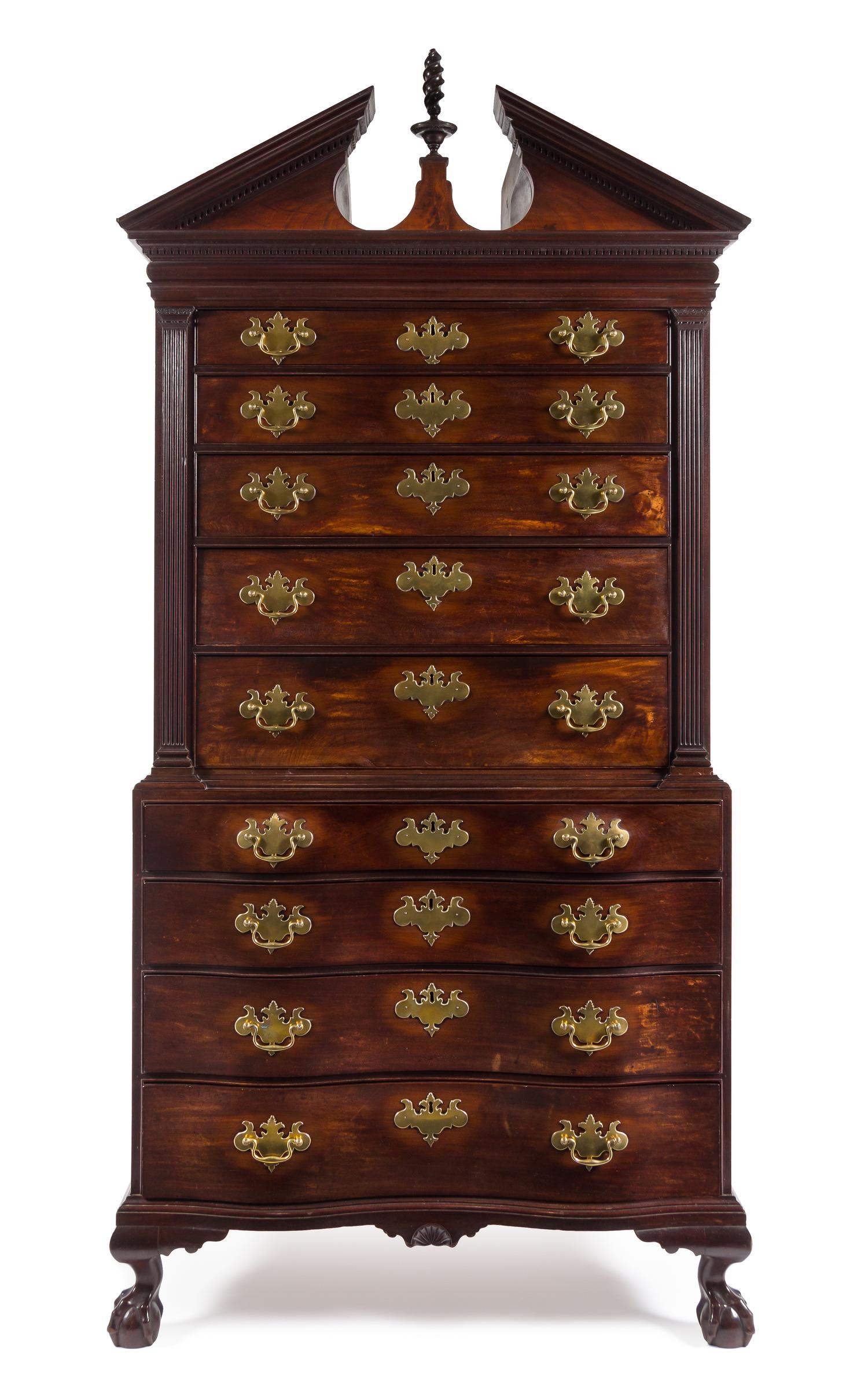 A Chippendale Mahogany Chest on Chest Height 87 3/4 x width 41 x depth 22 1/2 inches. — BOSTON OR SALEM, MASSACHUSETTS, CIRCA 1770
