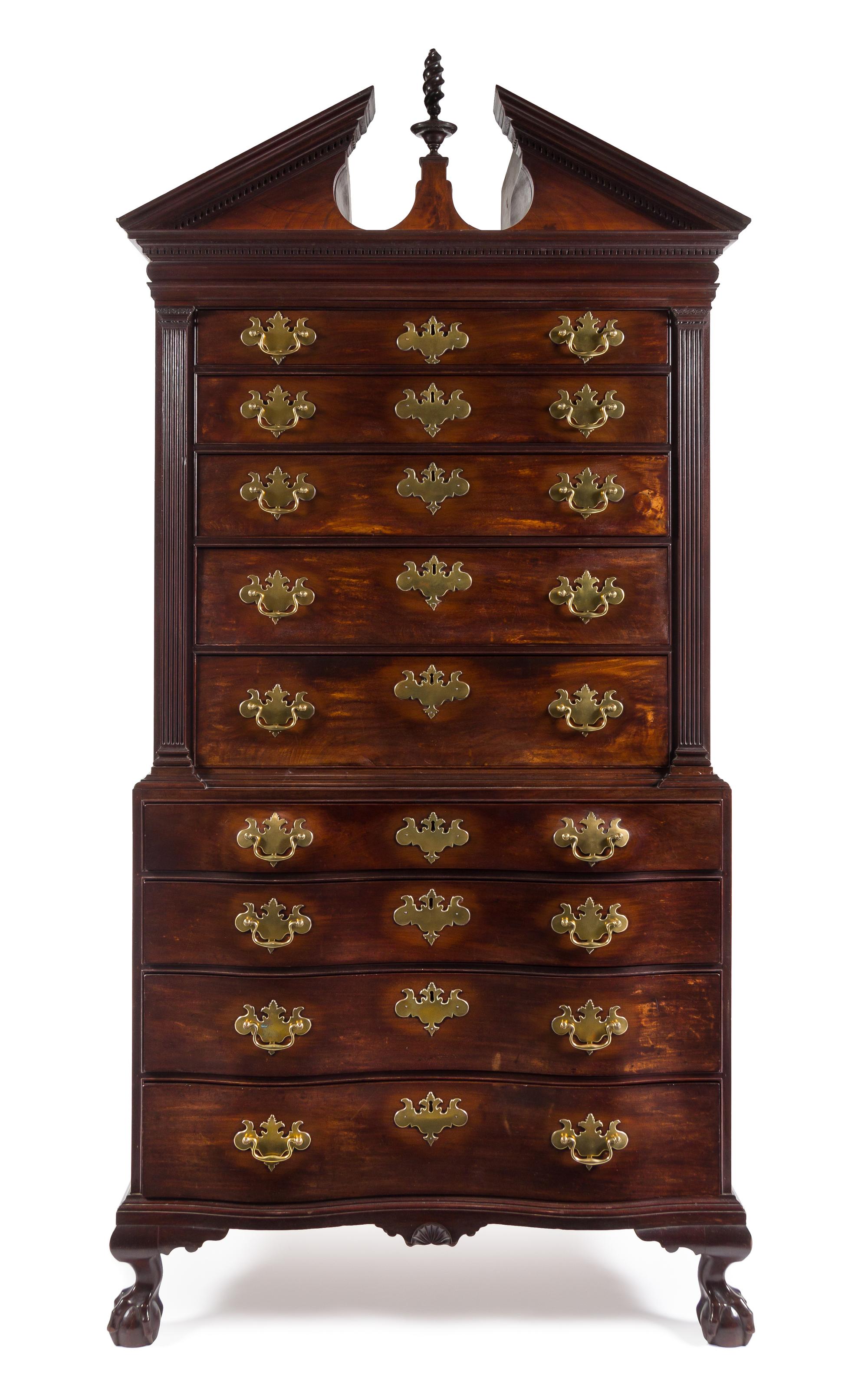 A Chippendale Mahogany Chest on Chest Height 87 3/4 x width 41 x depth 22 1/2 inches. — BOSTON OR SALEM, MASSACHUSETTS, CIRCA 1770