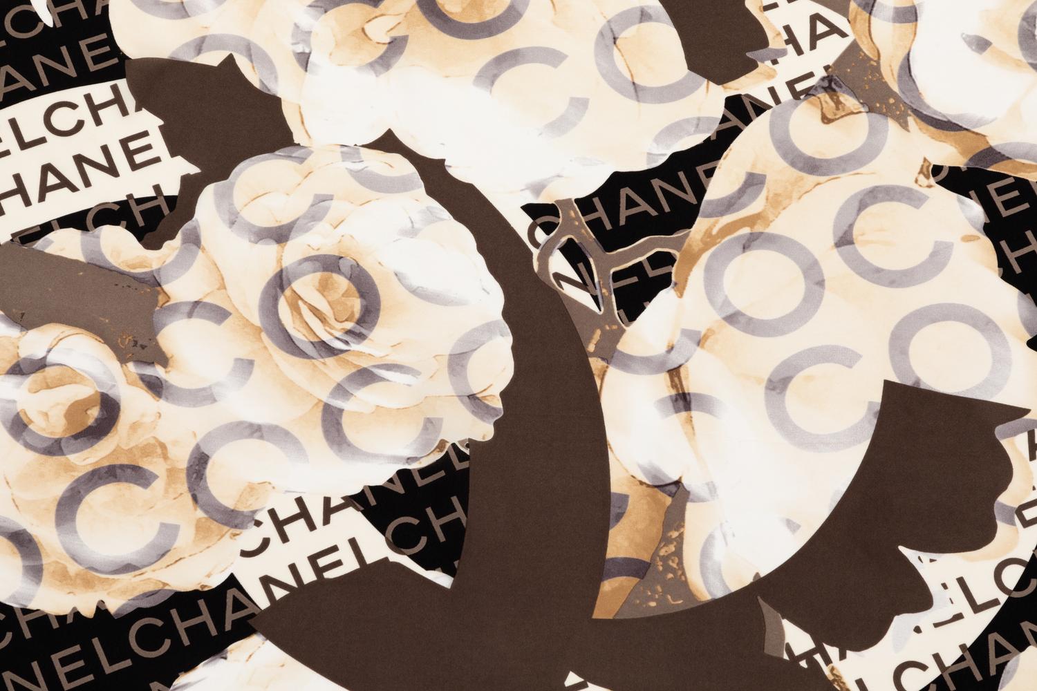 Chanel Cream, Black, Taupe Rose Scarf,