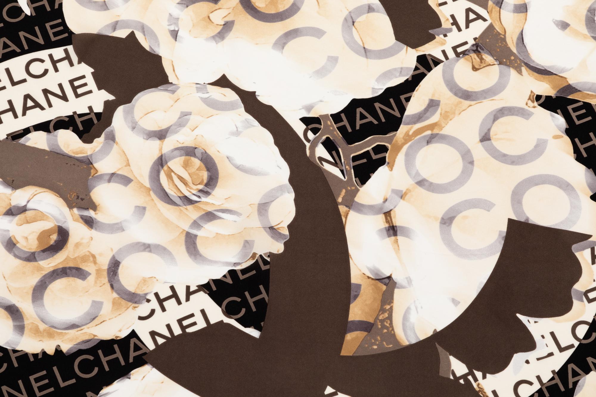 Chanel Cream, Black, Taupe Rose Scarf,