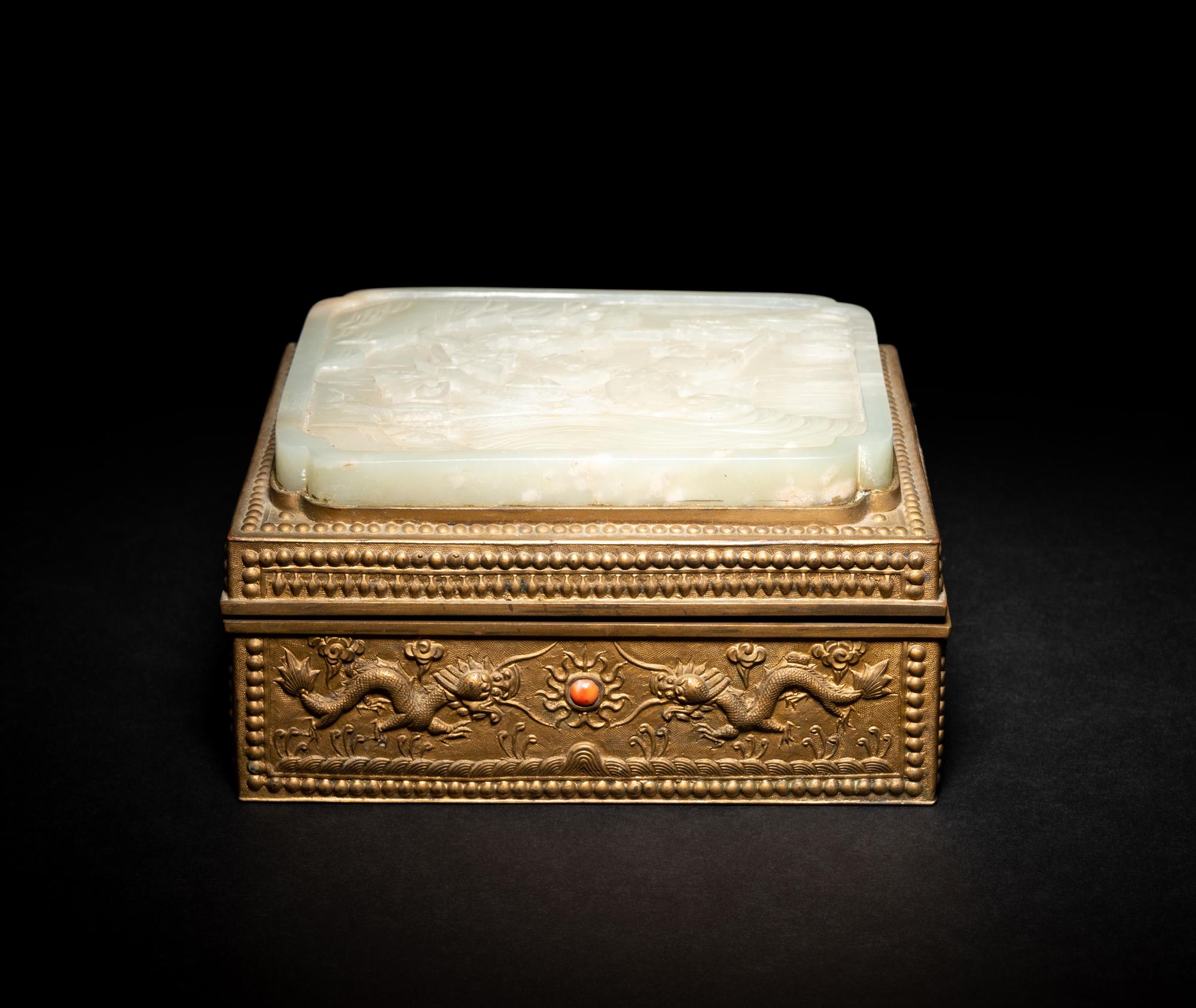 A Celadon Jade Inset Brass Box