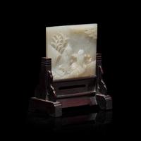 A Chinese White Jade 'Scholars' Table Screen 白玉刻行旅圖小硯屏