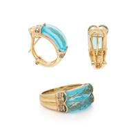 BLUE GLASS, DIAMOND, AND YELLOW GOLD RING AND EARRINGS