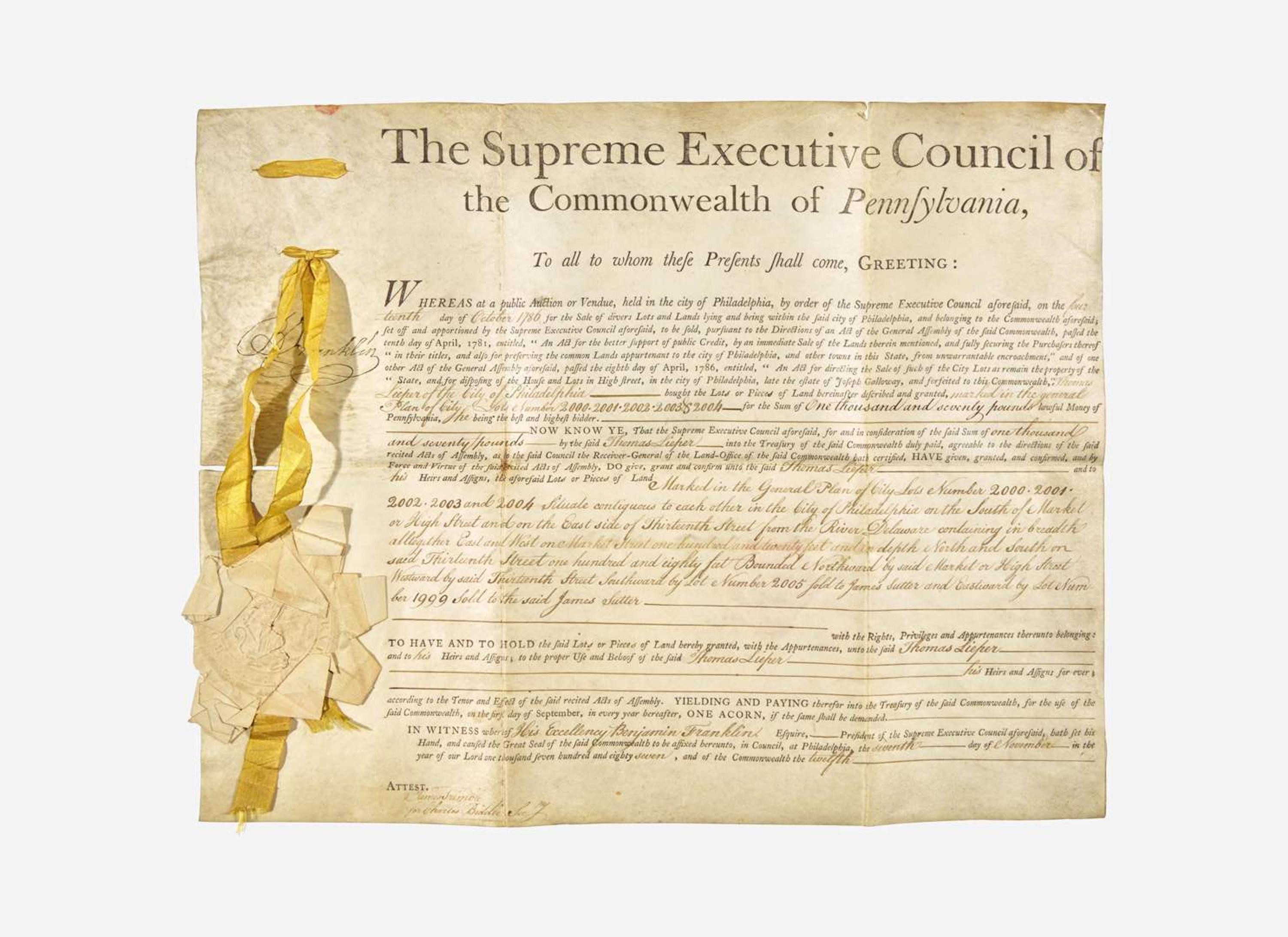 [Americana] [Franklin, Benjamin, and Joseph Galloway]: Partially-Printed Document, signed