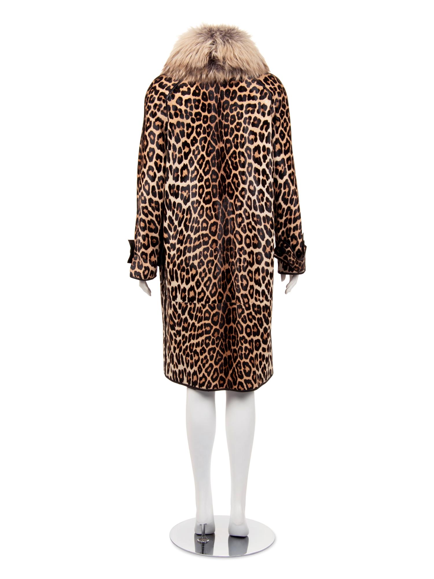 J. Mendel Leopard Print Cavallino Trench Coat with Fox Collar
