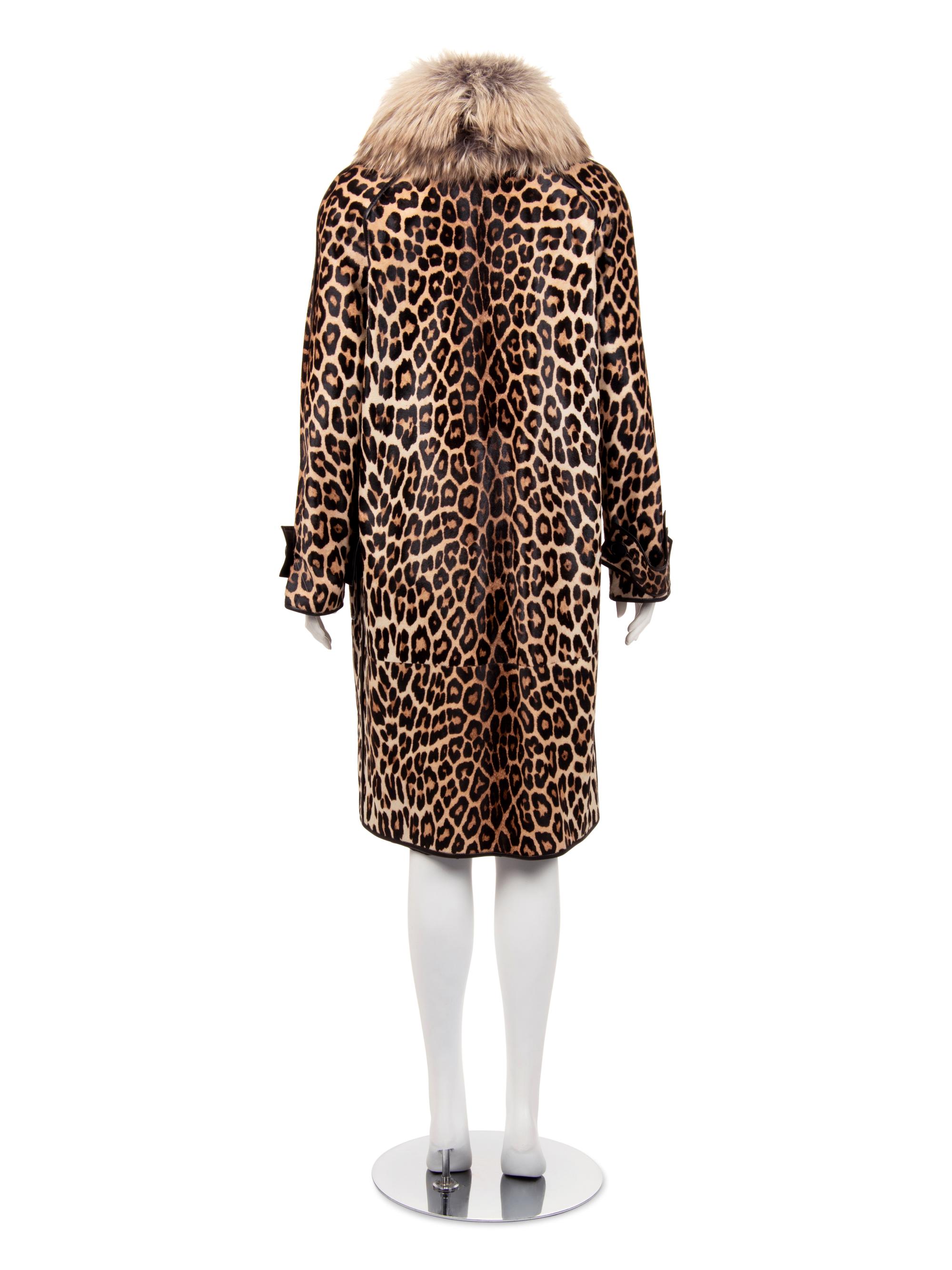 J. Mendel Leopard Print Cavallino Trench Coat with Fox Collar