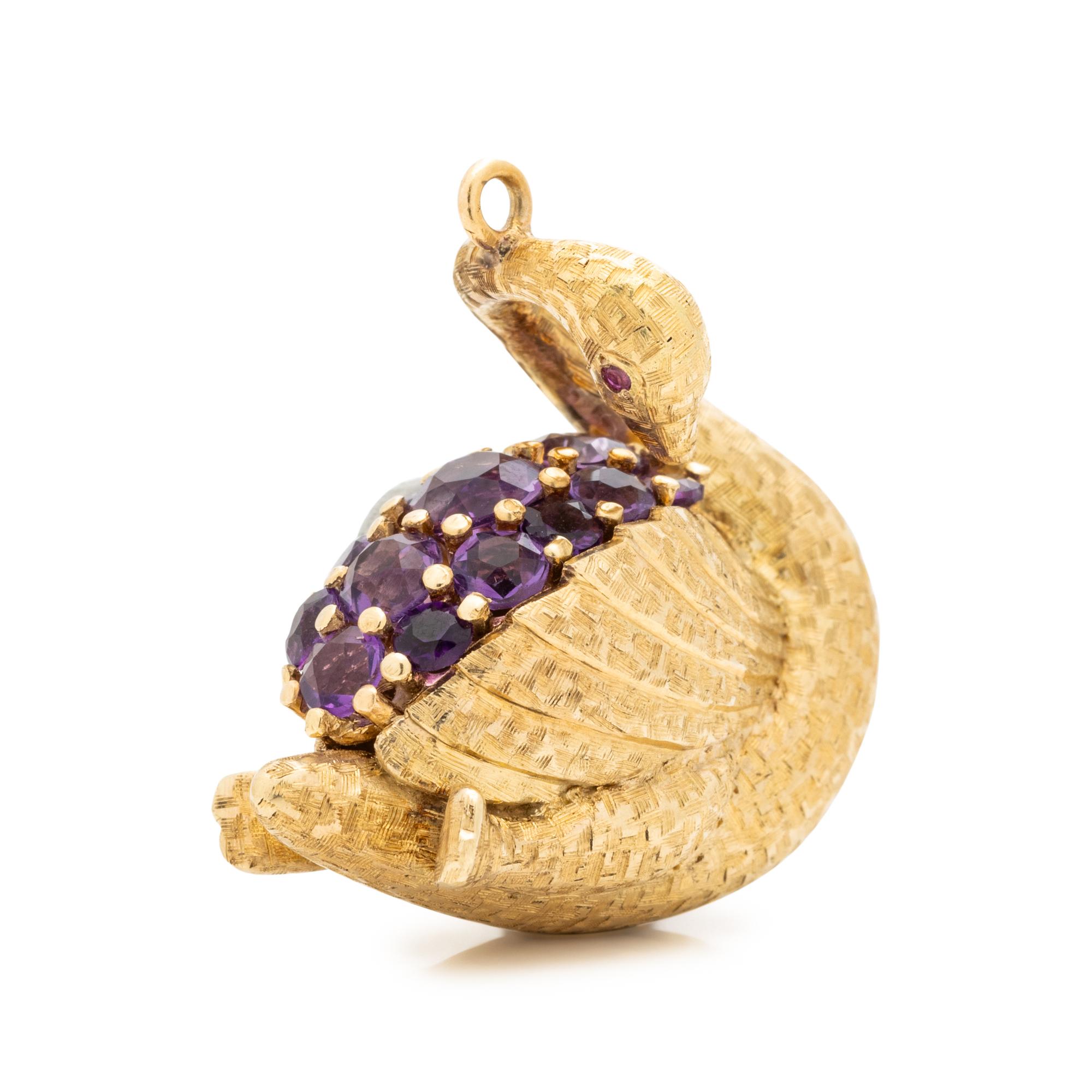 YELLOW GOLD, AMETHYST AND RUBY SWAN CHARM
