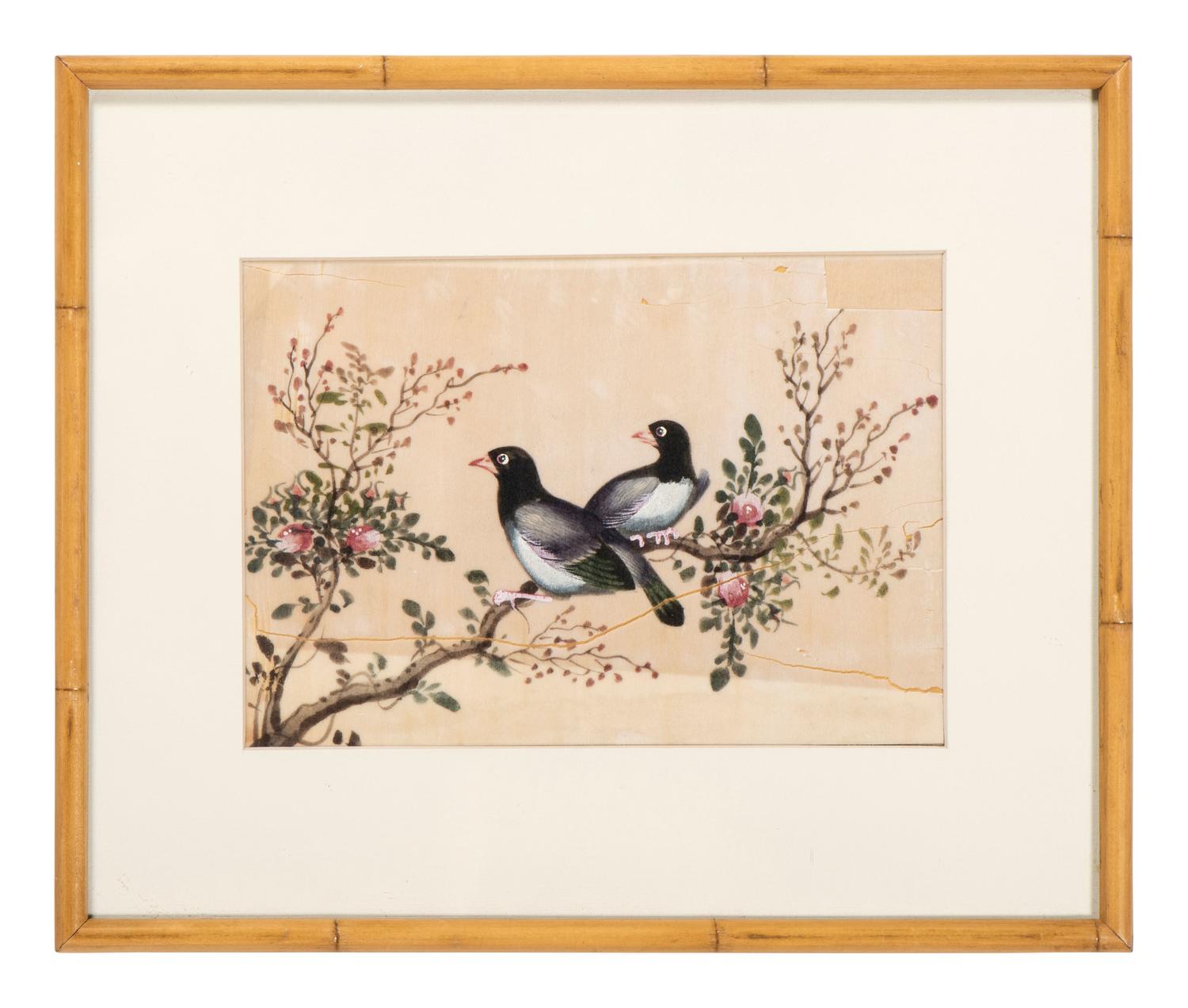 Seven Chinese Export Pith Paintings of Perched Birds and Flowers
